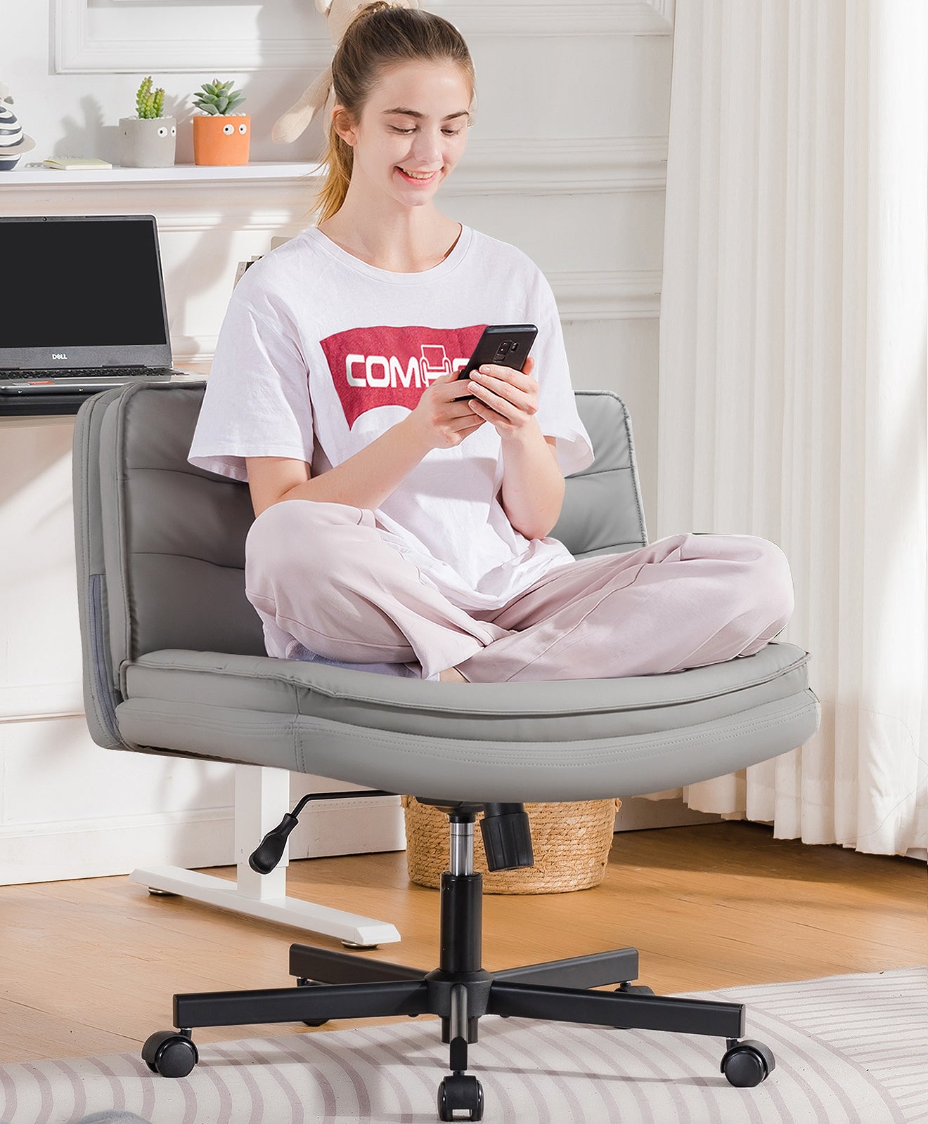 COMHOMA Armless Office Desk Chair with Wheels, PU Leather Padded Cross Legged Office Chair,WMT-CH310