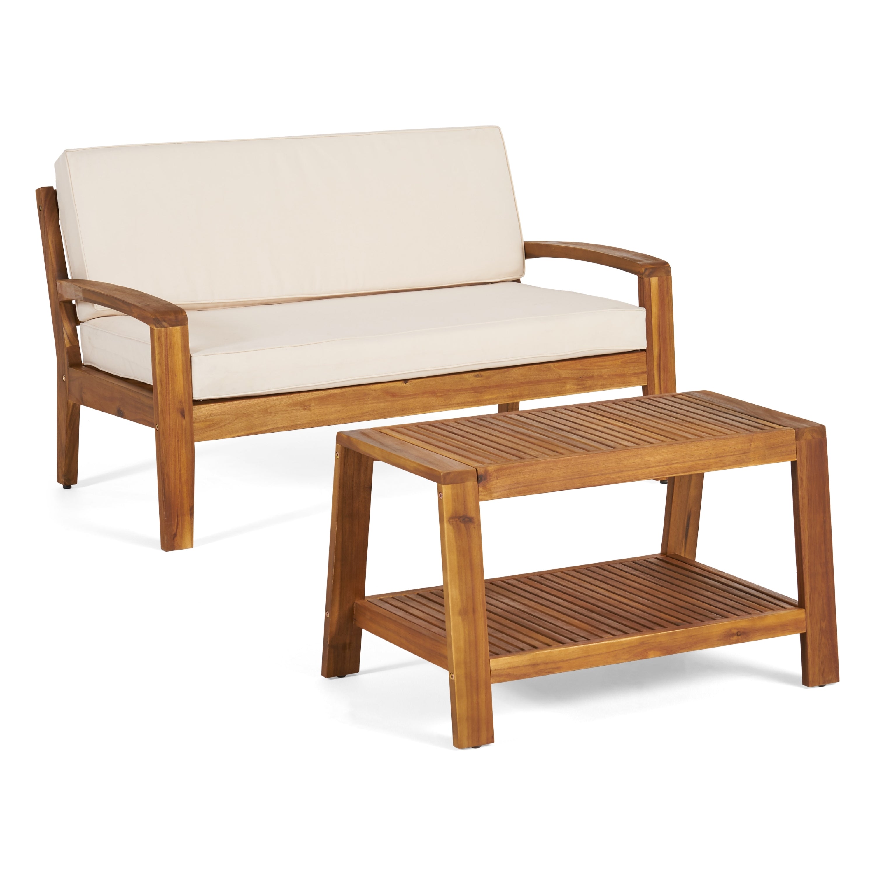 2-Piece Outdoor Teak Acacia Wood Conversation Set - Loveseat & Coffee Table with Beige Water-Resistant Cushions, 350lbs Capacity for Patio, Deck & Backyard