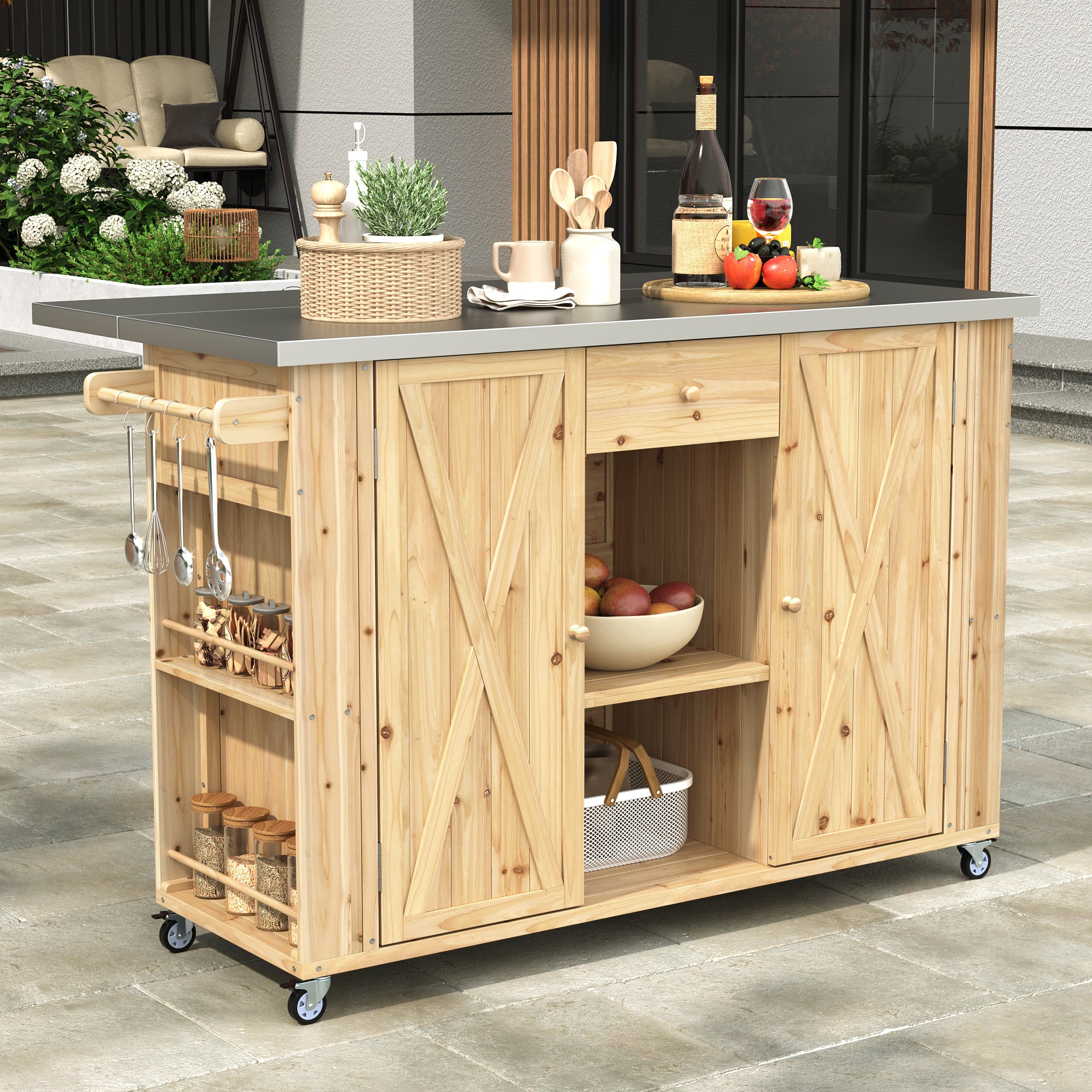 Outdoor Kitchen Island Fir Wood Kitchen Island with Stainless Steel Top, Ample Storage Space, Towel and Spice Racks and a Bottle Opener for Outdoor, Natural