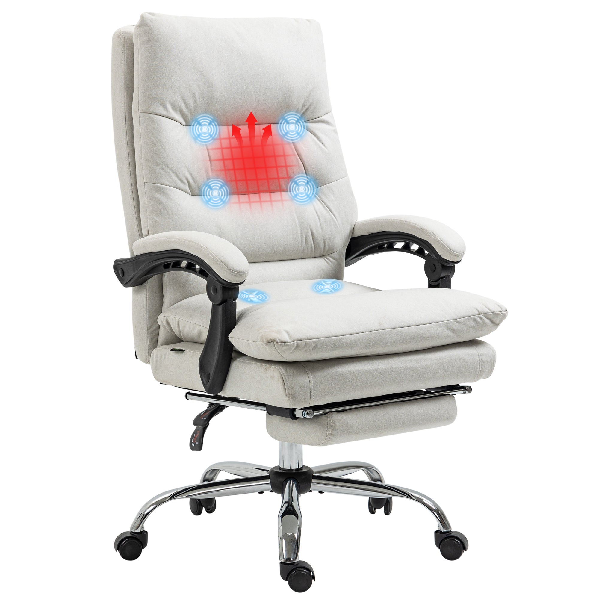 Vinsetto Microfibre Executive Massage Office Chair, Computer Desk Chair, Heated Reclining Chair with Footrest, Double-tier Padding, Swivel Wheels, Cream White