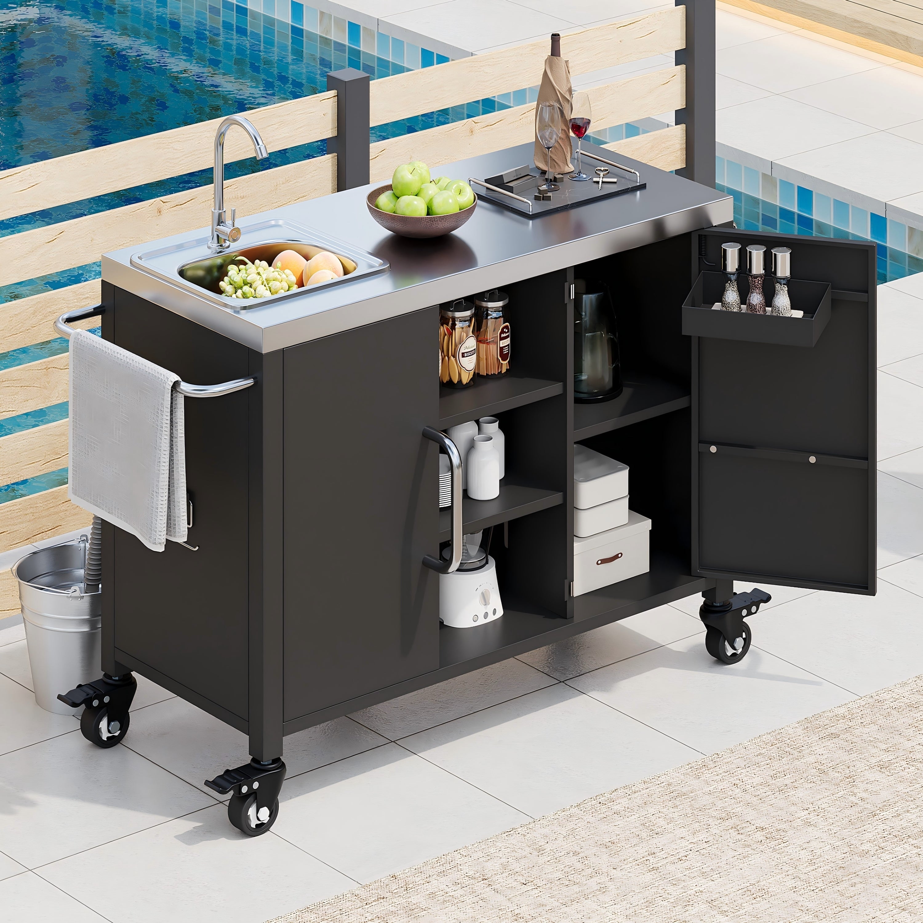 K&K 55.5' Outdoor Kitchen Island with Sink, Metal Grill Cart Table with 304 Stainless Steel Sink, Outdoor Bar Cart Sink Station with 4 Lockable Wheels for Pizza Prep & BBQ, L 55.5' x W 20' H 36.7'