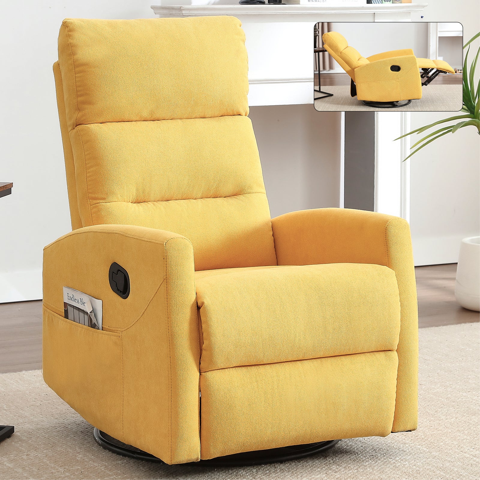 Manual Recliner Chair with Rocker and Swivel in Fabric for Living Room, Yellow
