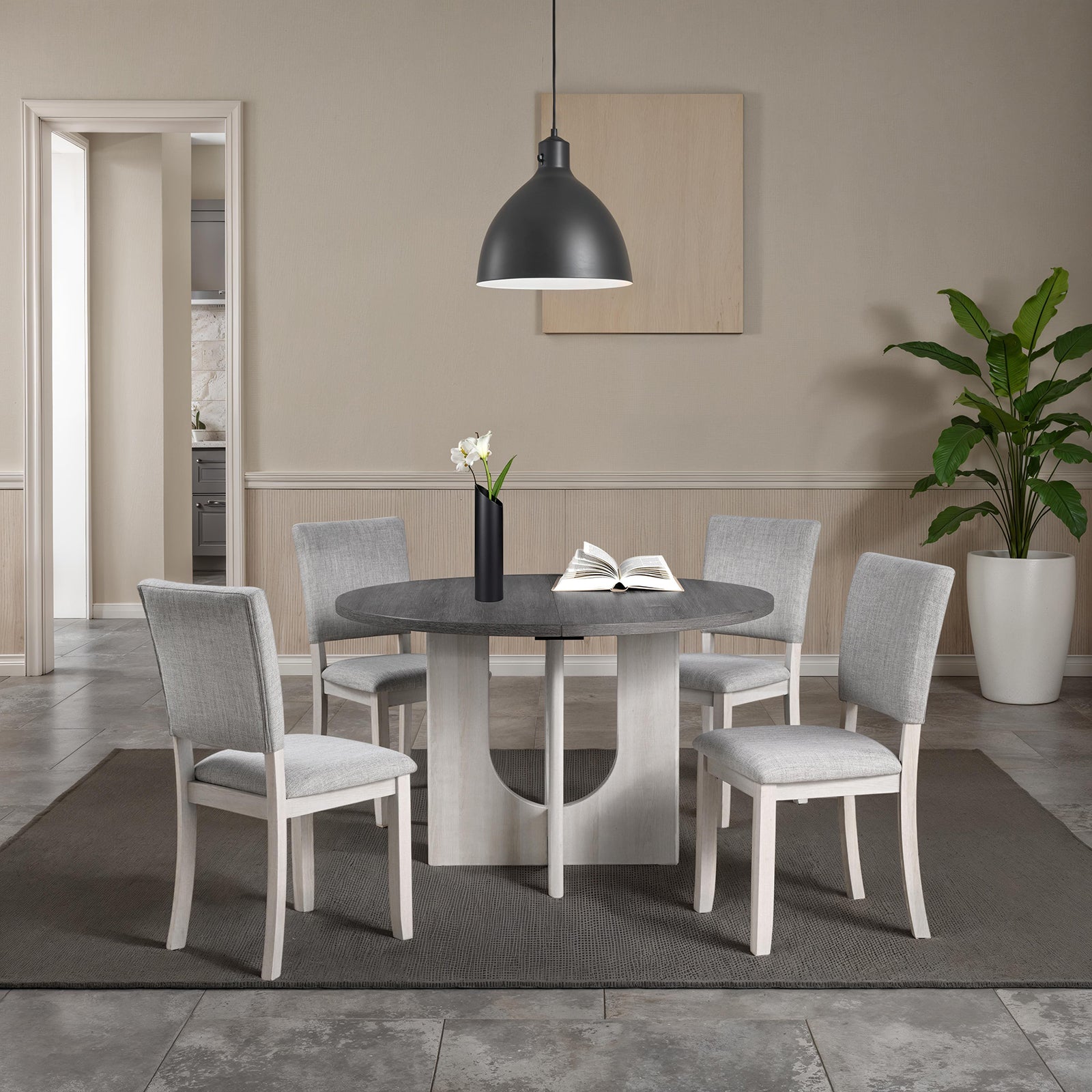 Contemporary Style 5pc Dining Set Kitchen Dinette Gray Upholstered Fabric Chairs Round Table Pedestal Base Table 4x Side Chairs Dining Room
