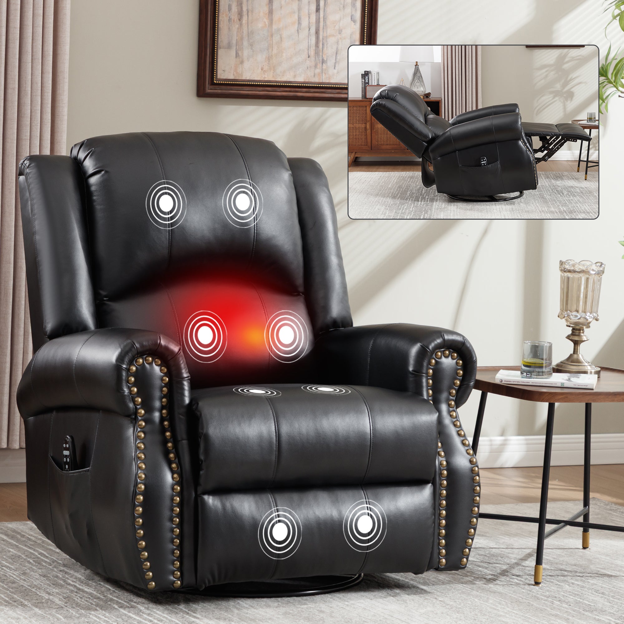 Heat Massage Manual Recliner Chair with Rocker and Swivel in Fabric for Living Room, Black