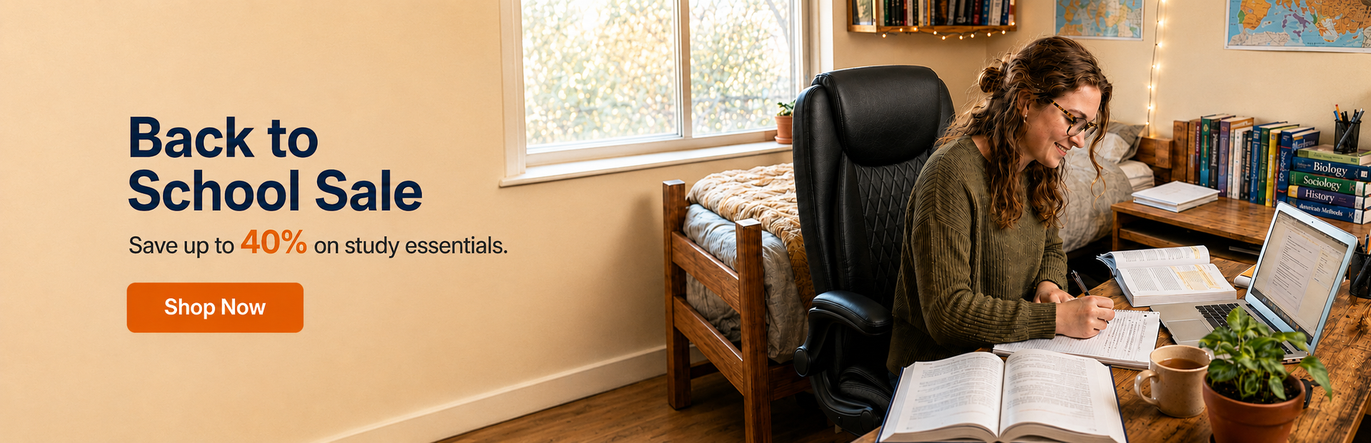 Student studying at a desk in a room with a large window, sitting on a black ergonomic office chair, with books, a laptop, and a cup, alongside text that reads "Back to School Sale Save up to 40% on study essentials" and a "Shop Now" button.