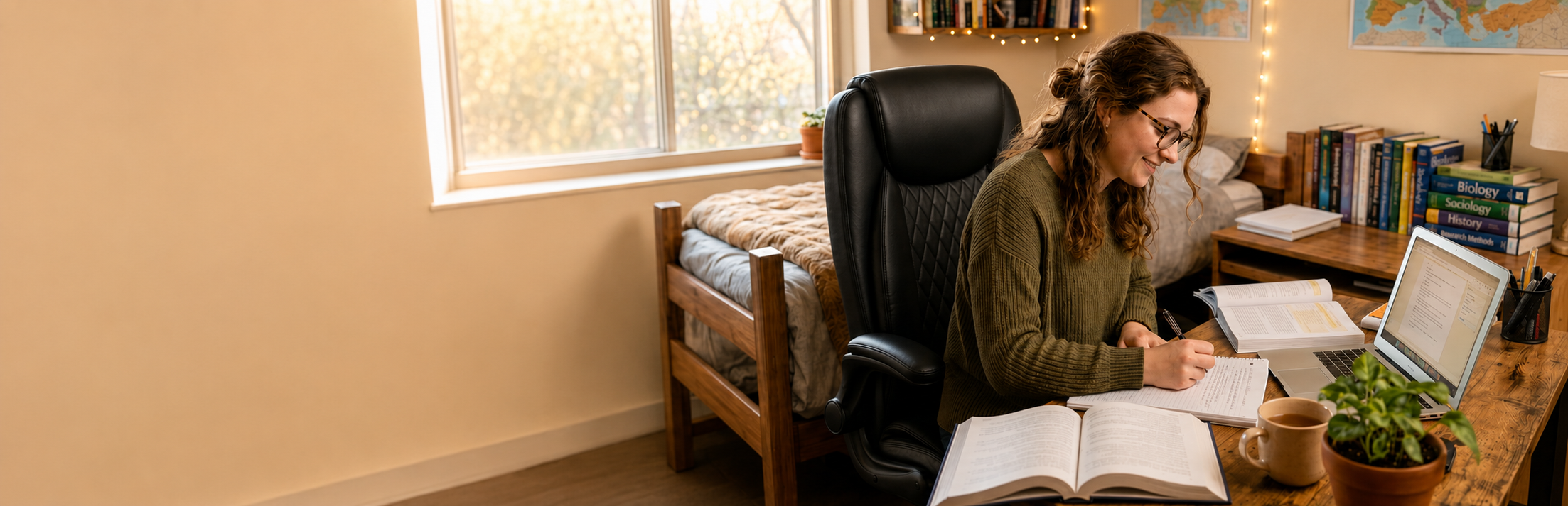 A woman sitting in a black ergonomic office chair at a wooden desk, writing in a notebook with an open laptop, books, a mug, and a plant nearby in a cozy room with a bed and bookshelves.