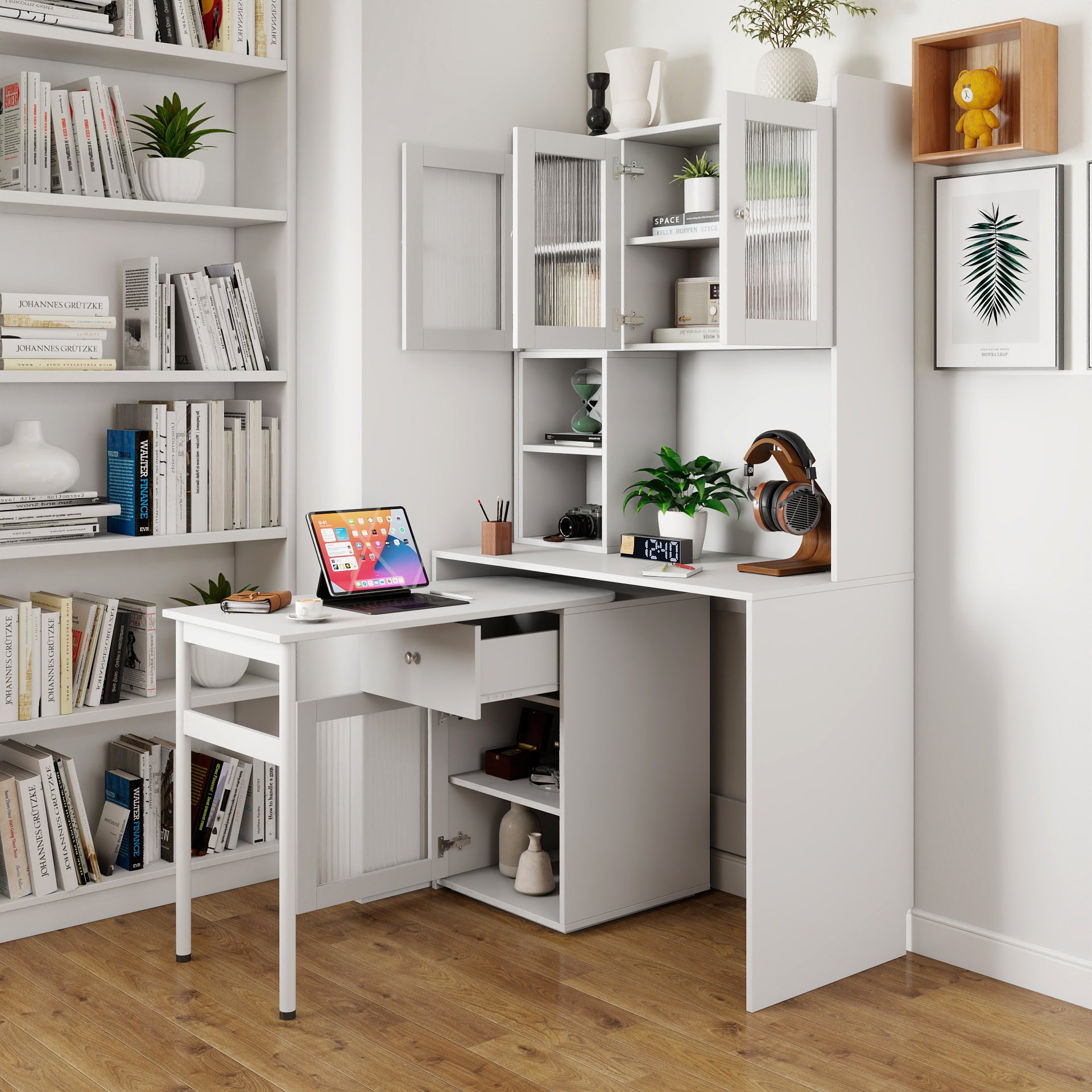 Computer Desk with glass door for Home Office or Study desk, Bookshelf & Hutch, Computer Desk with 90 Degree Rotating Desktop,Large Working Space