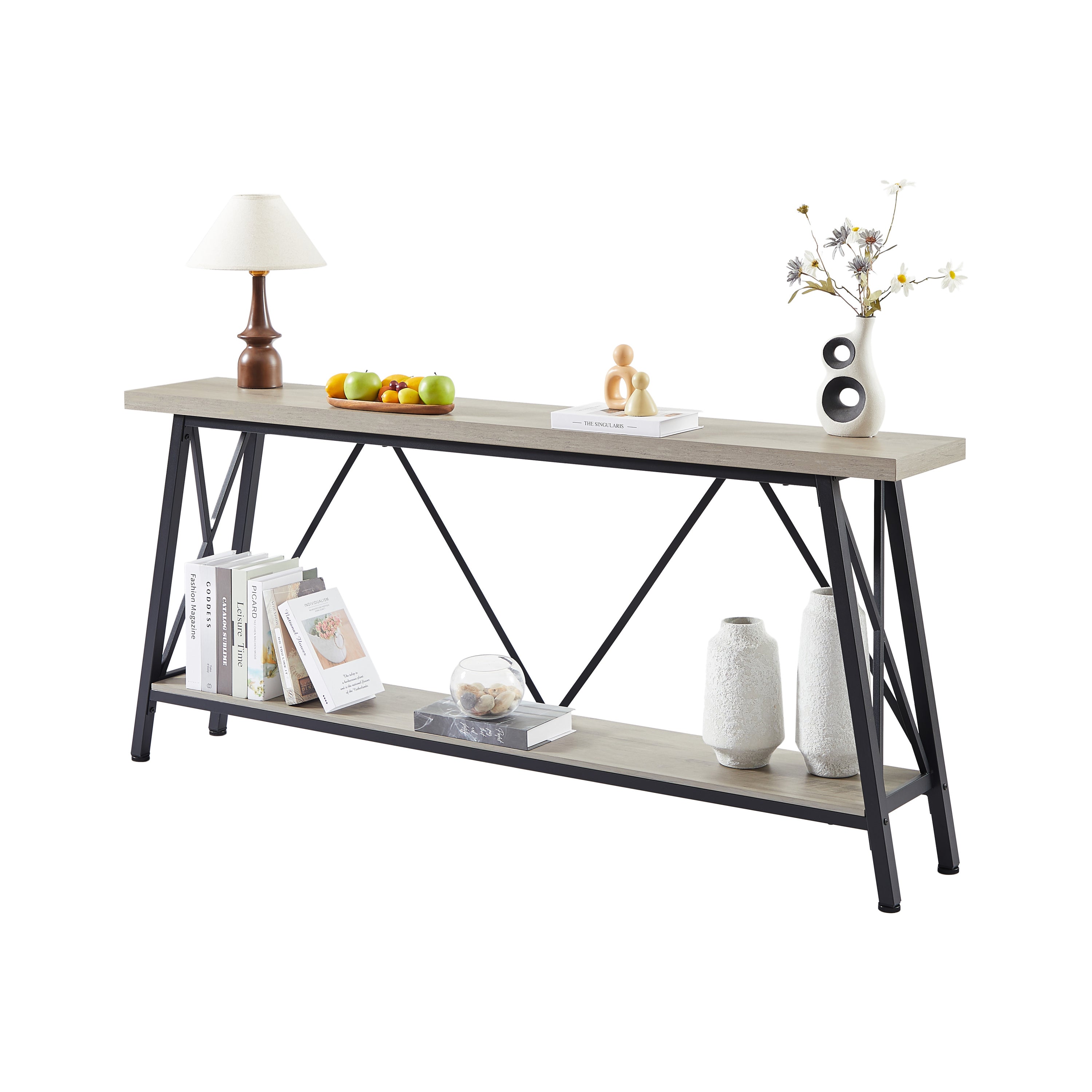 70.9 Inch Extra Long Sofa Table, Console Behind Sofa, Entryway Table with 2 Tier Storage Shelves for Hallways, Living Rooms,Foyers,Entryways,Banquet Rooms,Rustic Gray and Black, 70.9″L x 11.8'W x 32'H