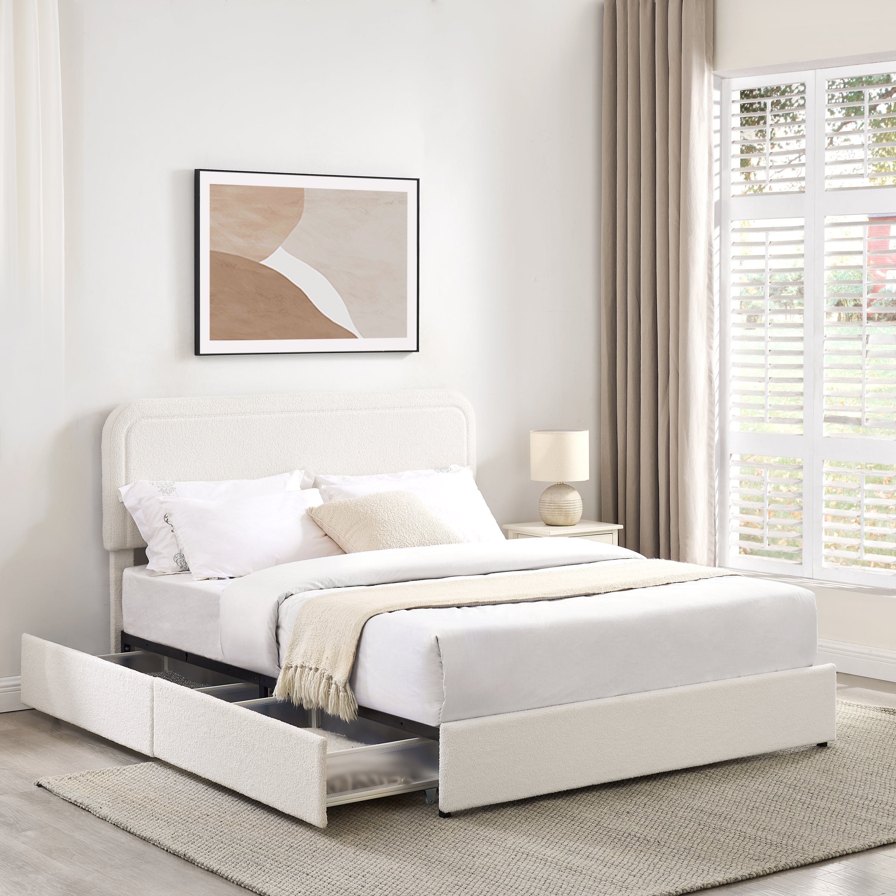 Liv Patented 2-Drawers Storage Bed Queen Size Ivory Boucle Upholstered Platform Bed, Curved Stitched Tufted Headboard, Wooden Slat Mattress Support, No Box Spring Needed