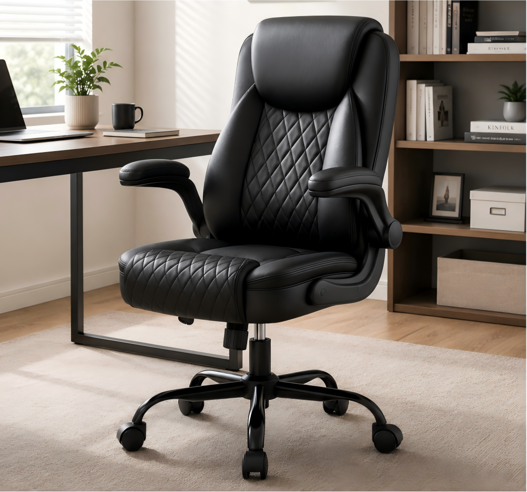 GTPLAYER ergonomic office chair in ink black with quilted cushioning and flip-up arms, positioned in a modern home office with wooden desk and shelves in All Products collection.