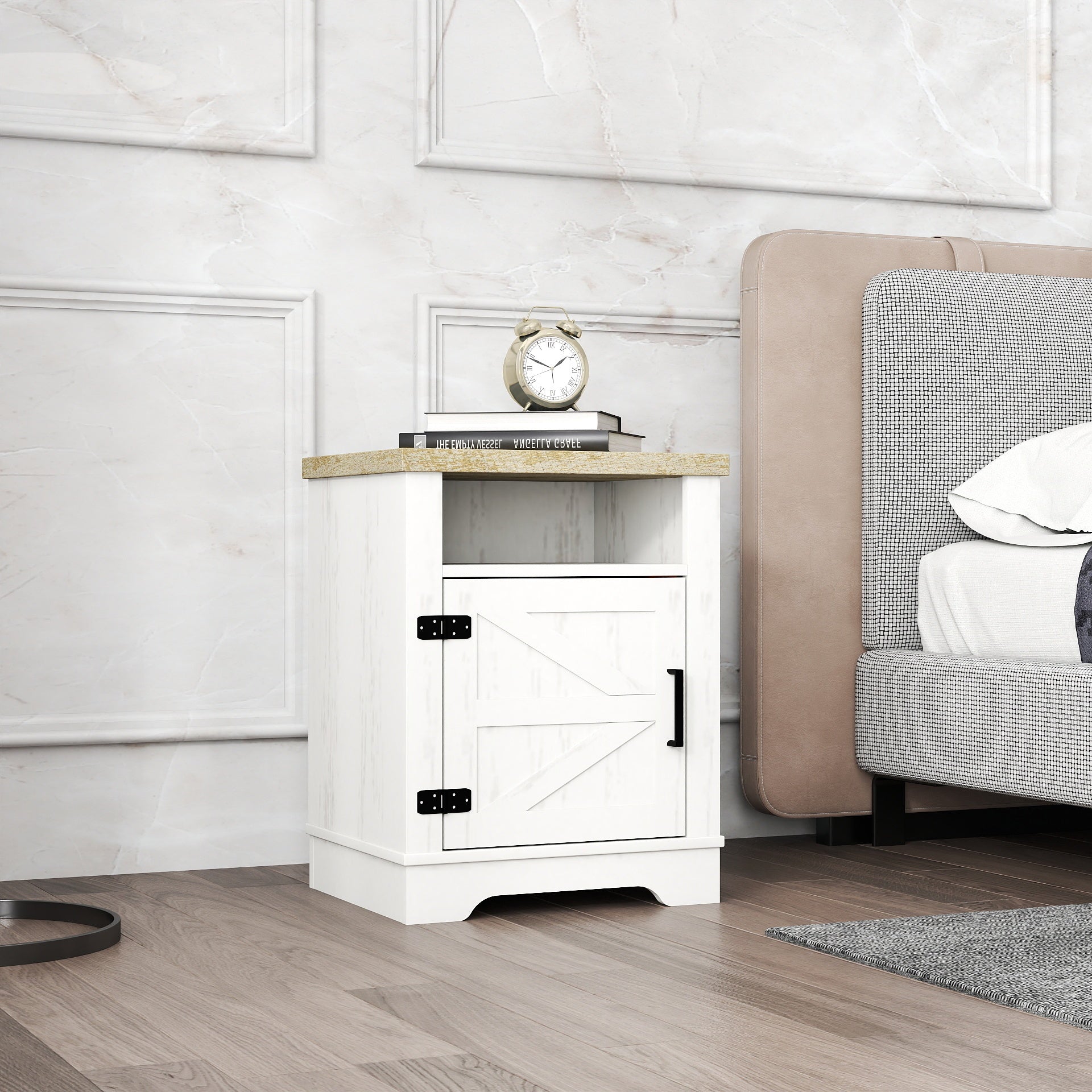 Farmhouse Nightstand , Beside Table with Barn Door, Modern End Side Table with Storage for Bedroom, Office