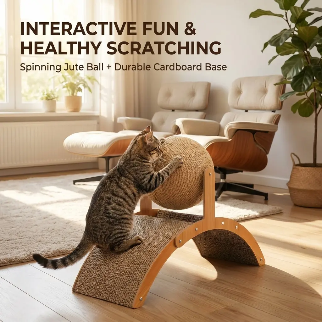 INTERACTIVE FUN & HEALTHY SCRATCHING. Spinning Jute Ball + Durable Cardboard Base. Tabby cat using a curved jute ball cardboard cat scratcher in a bright living room.