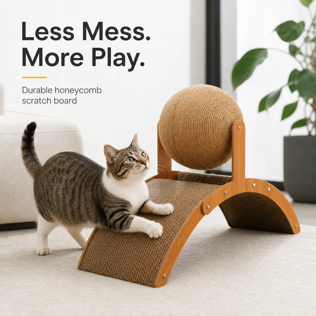 Less Mess. More Play. Durable honeycomb scratch board. Tabby cat using a curved cardboard cat scratcher with a round jute ball in a bright living room.