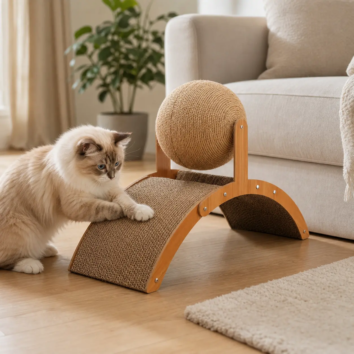 Fluffy cat playing beside a curved cardboard cat scratcher with a suspended jute ball in a bright living room
