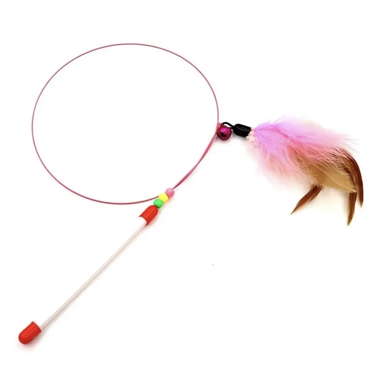 Cat teaser wand with pink and brown feathers a small bell colorful beads and red handle on a white background