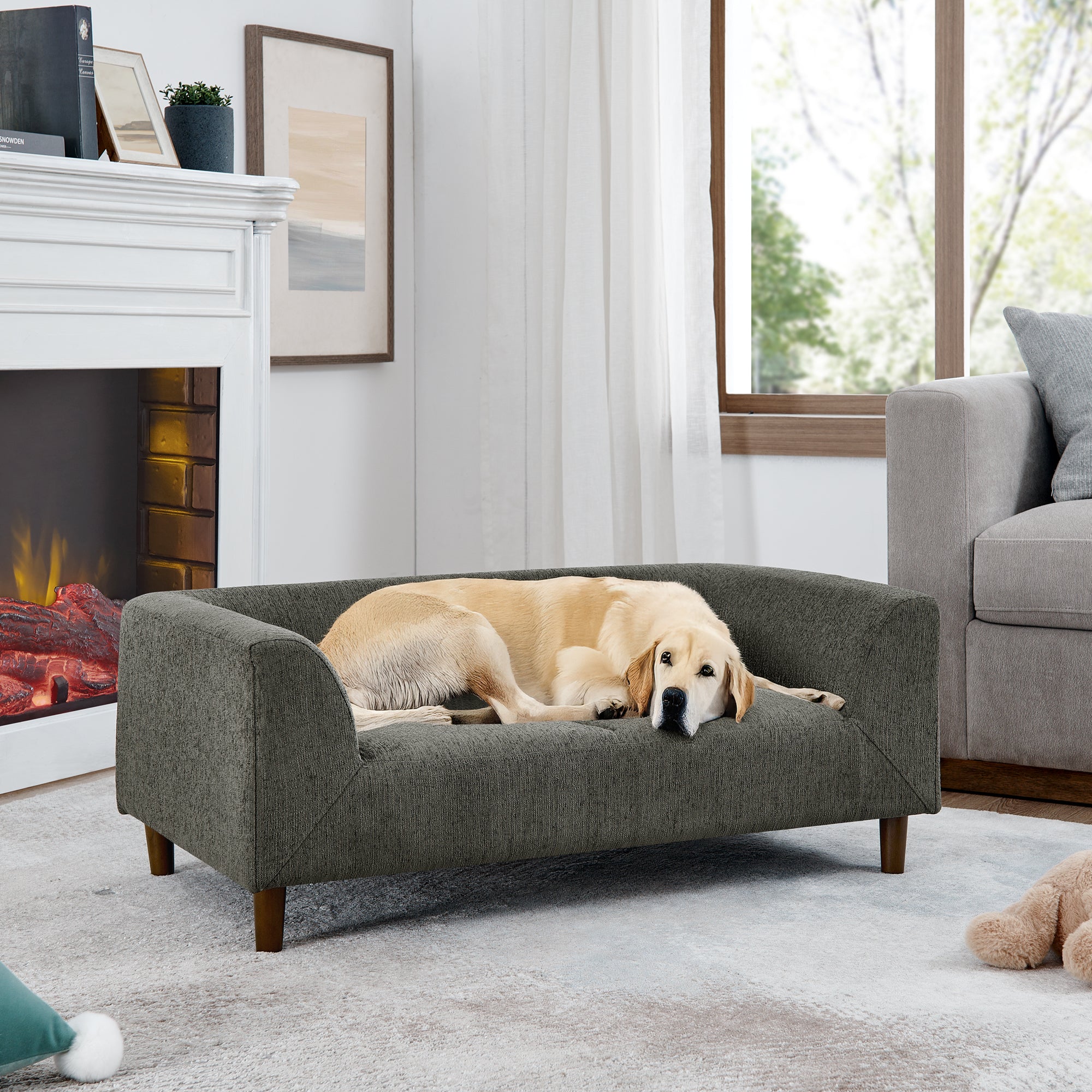 Pet sofa with backrest and armrests, modern rectangular pet sofa suitable for small and medium dogs, soft cushion comfortable dog sofa,--Dark grey