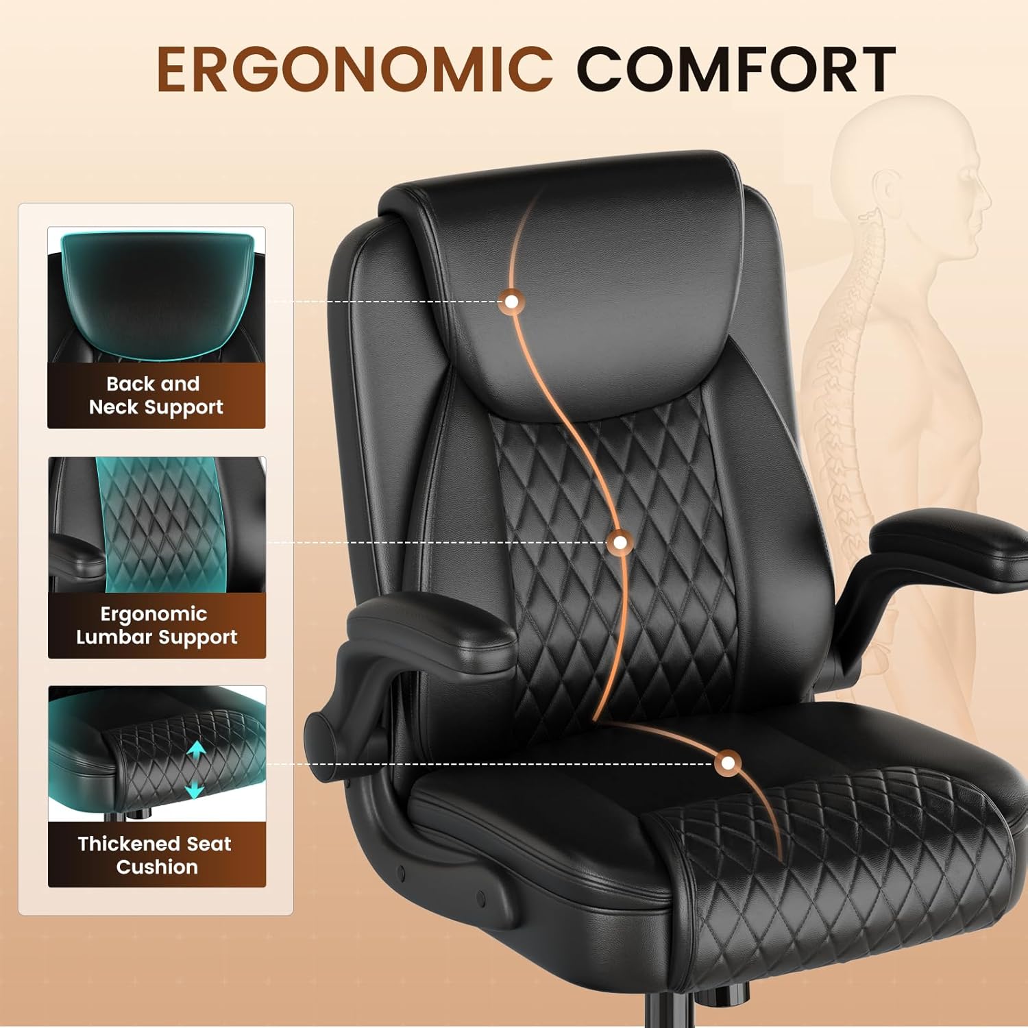 COMHOMA ergonomic black office chair with lumbar support, thick seat cushion, and backrest.