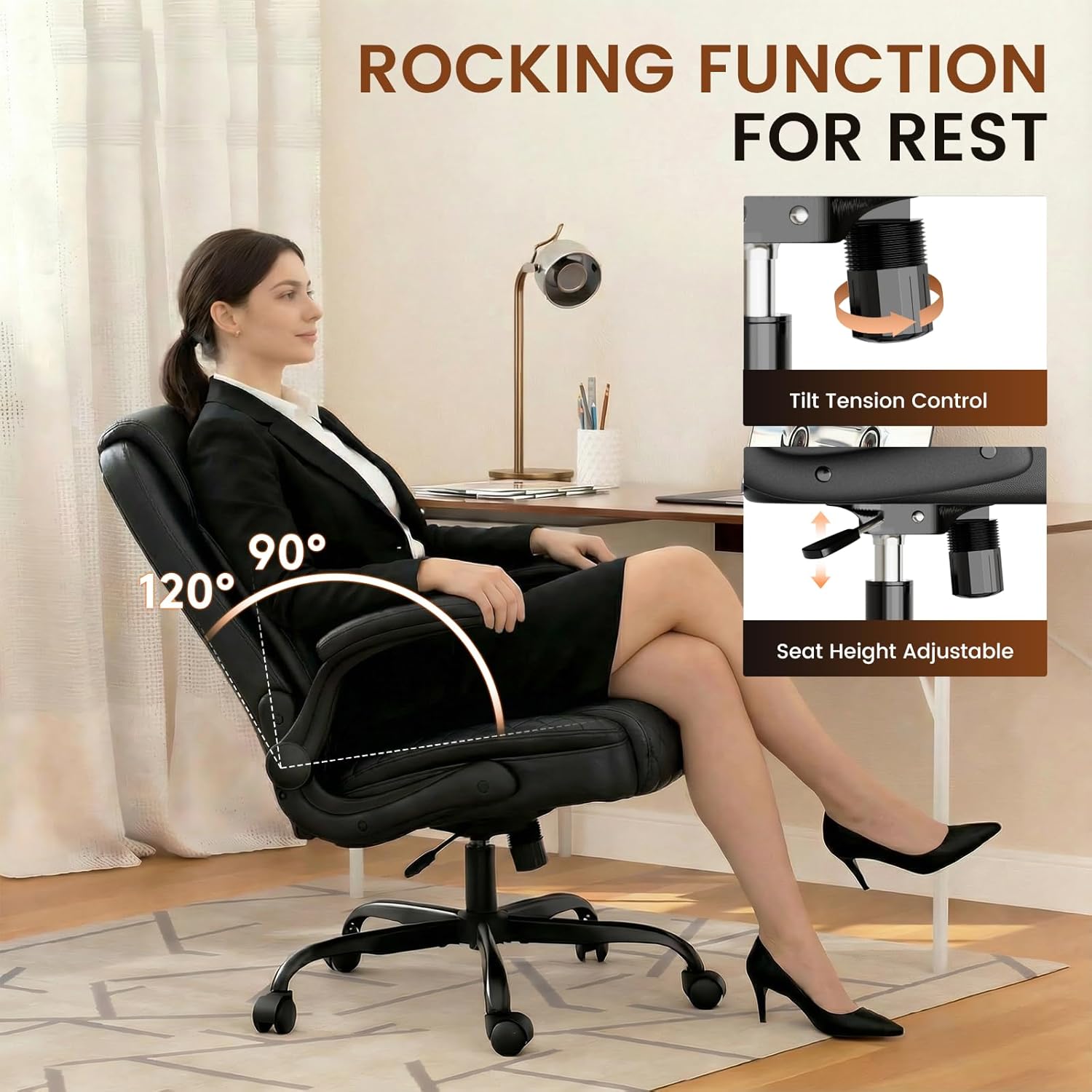 Woman sitting on COMHOMA black ergonomic office chair with rocking and height adjustment features in home office.