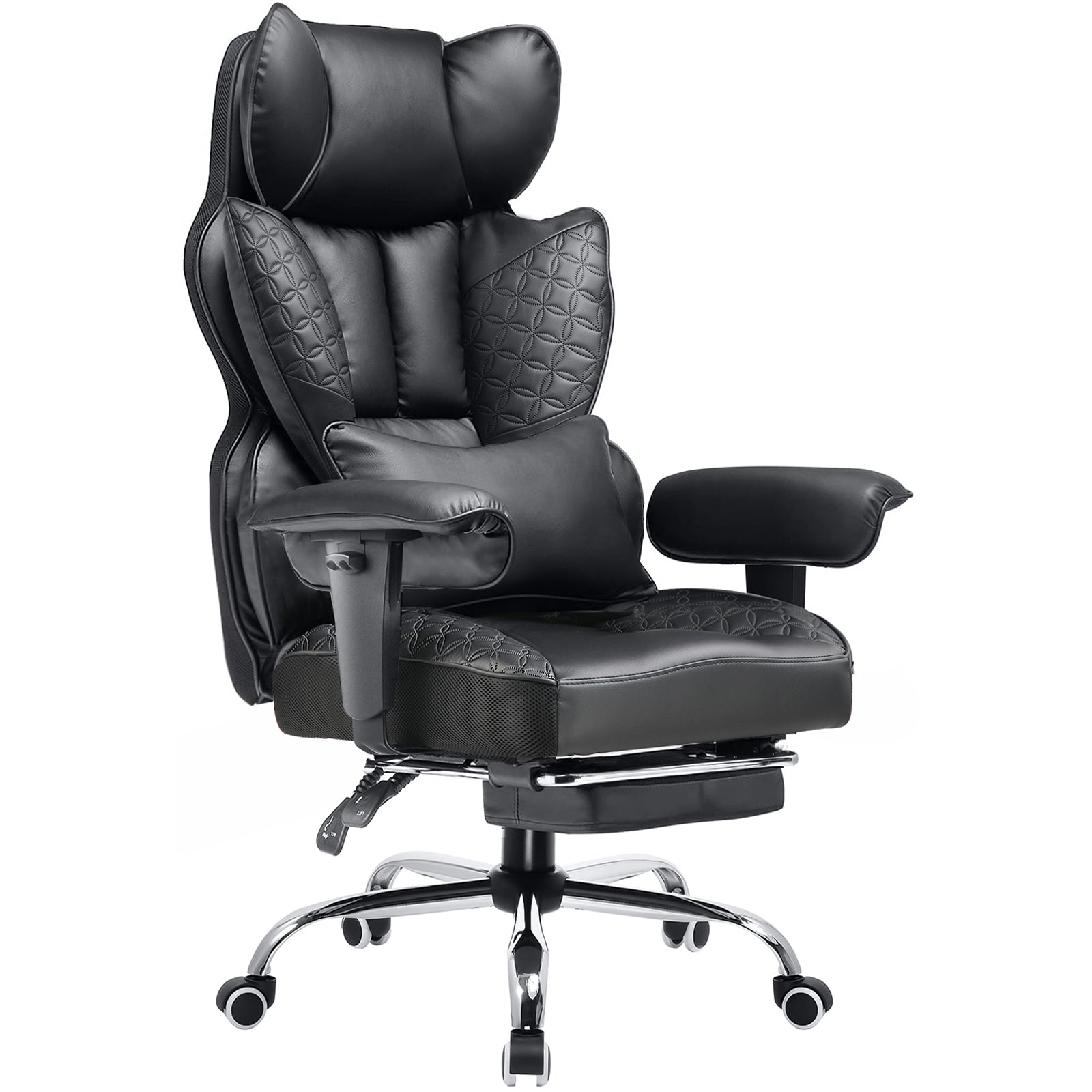 Black executive office chair with adjustable armrests by COMHOMA, featuring geometric quilting and a chrome base.