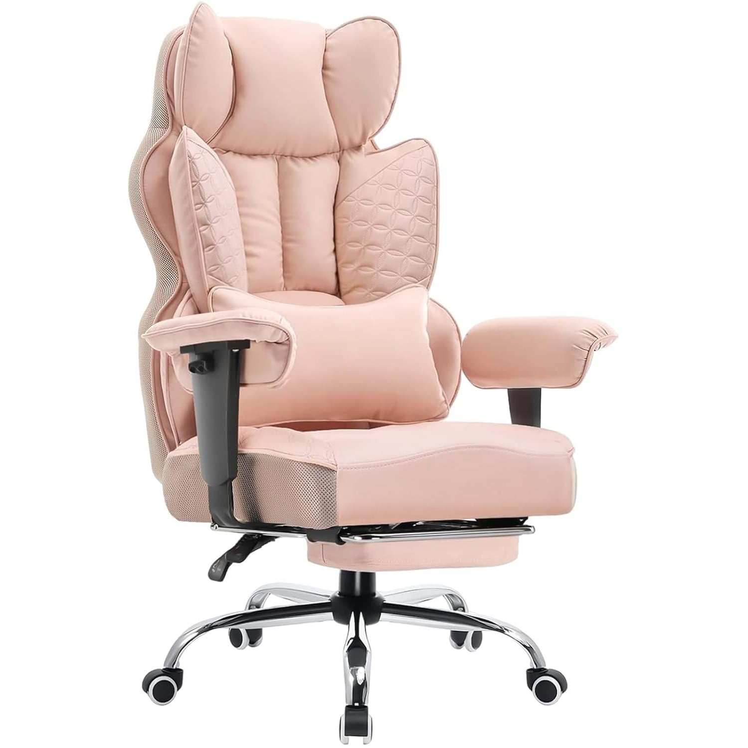 Pink office chair with ergonomic design on a white background