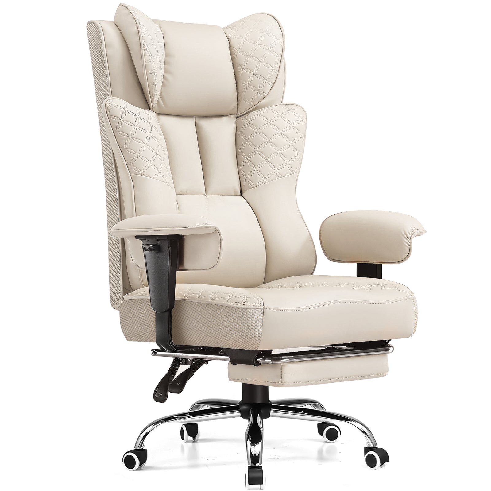 Beige office chair with quilted design on a white background