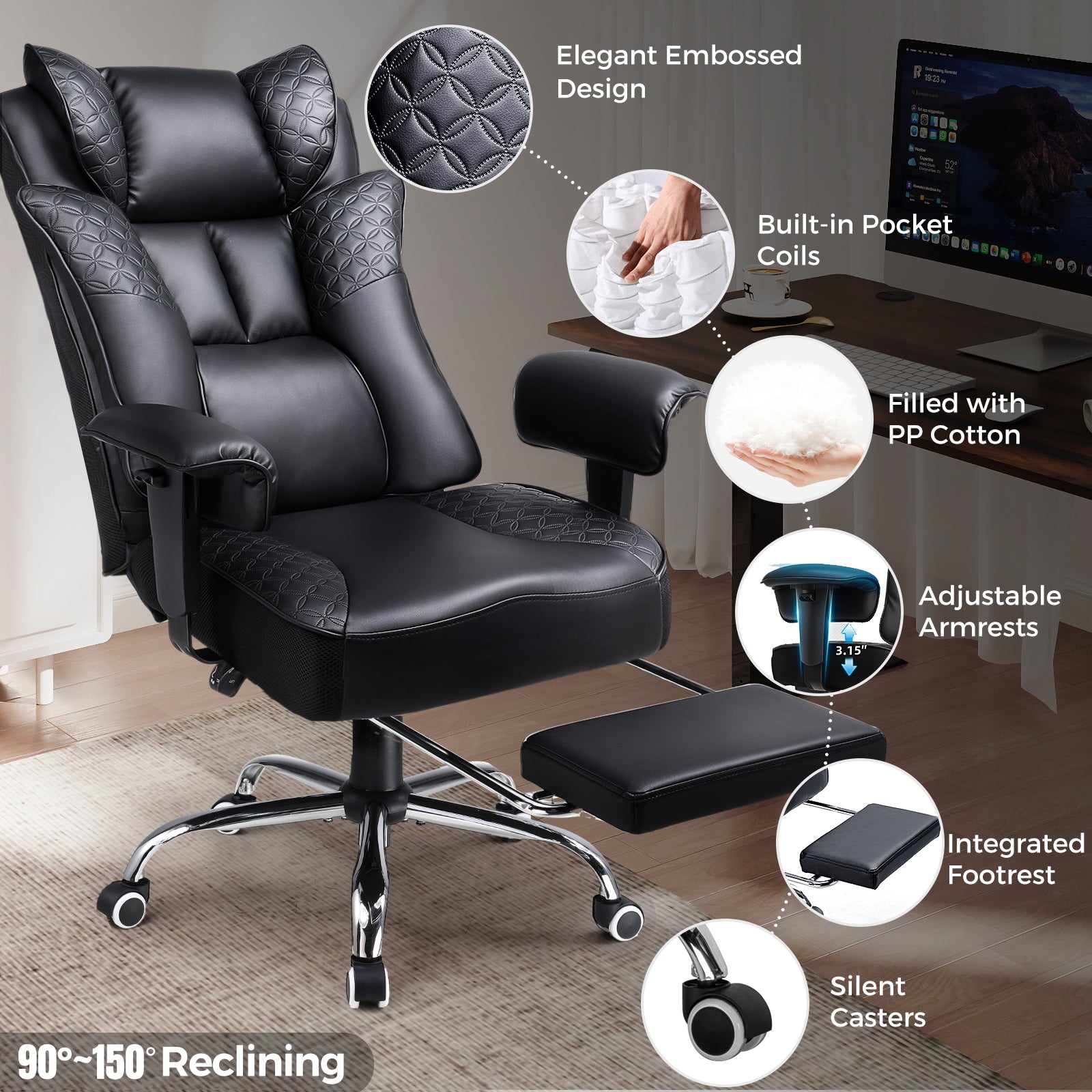 COMHOMA Upgraded Big and Tall Office Chair 400LBS with Pillow, Adjustable Armrest CH510