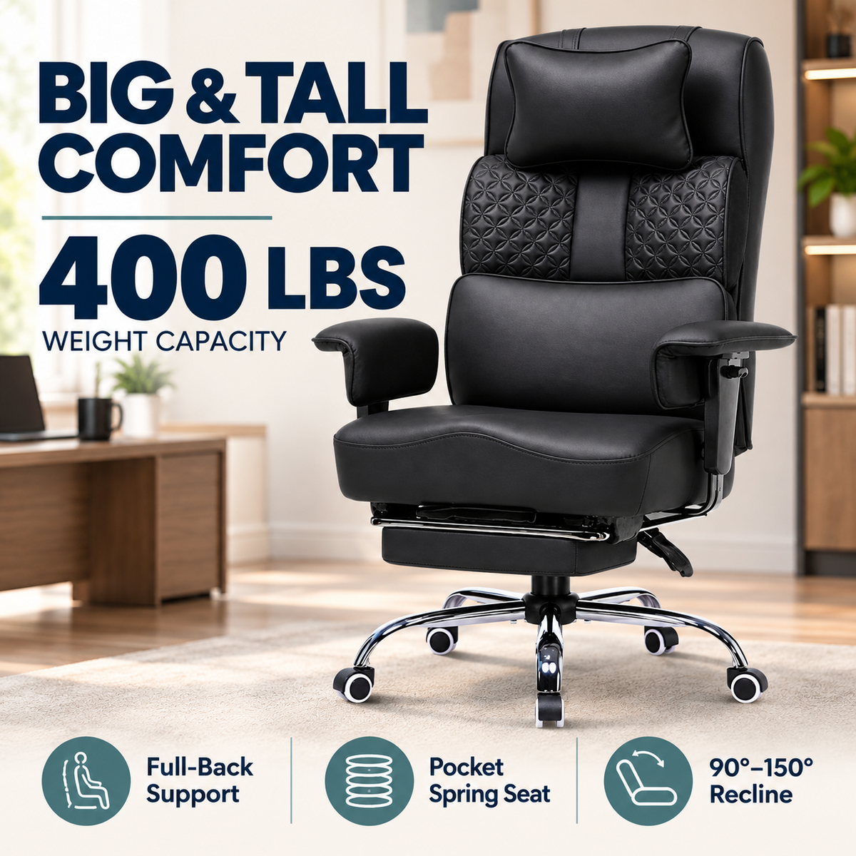 Cloudrest Pro® Big Tall Office Chair 400lbs with Built-In Lumbar Support, Footrest & Pillow CH620-SP