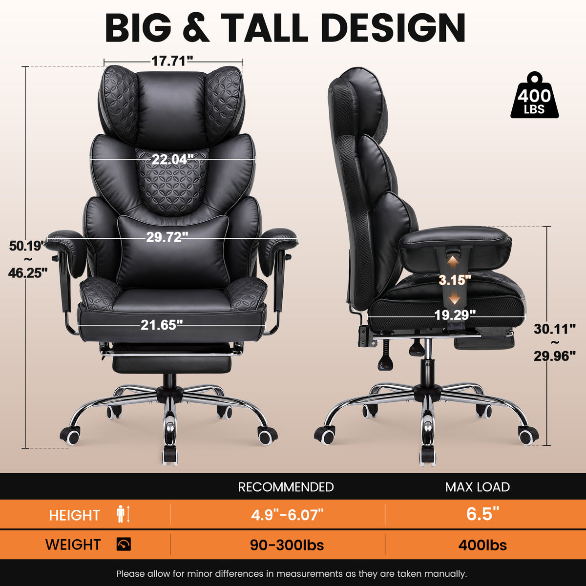GTPLAYER® Big and Tall Office Chair, 90°-150° Recline High Back 400LBS CH910