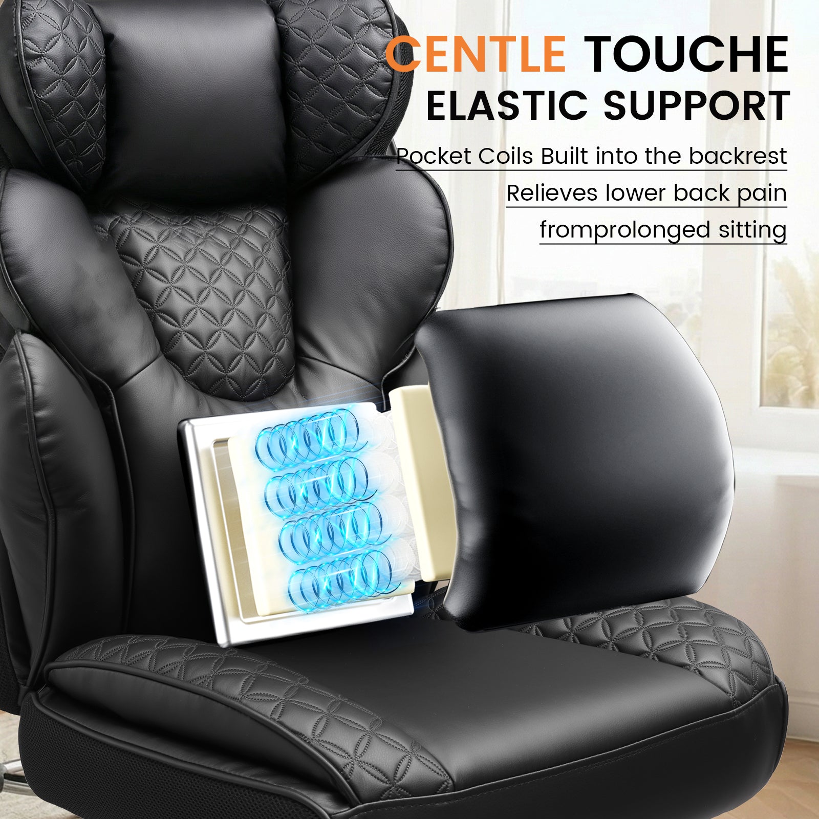 Close-up of a black ergonomic office chair with elastic support and pocket coils built into the backrest, featuring text: GENTLE TOUCH, ELASTIC SUPPORT, Pocket Coils Built into the backrest, Relieves lower back pain from prolonged sitting.