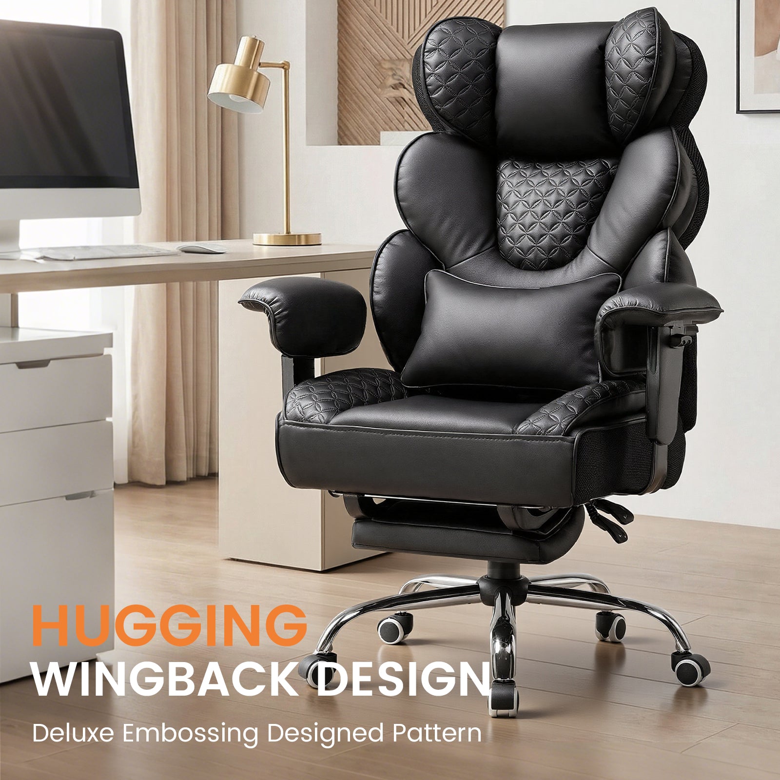 HUGGING WINGBACK DESIGN Deluxe Embossing Designed Pattern ergonomic office chair in black leather with padded armrests and adjustable recline, shown in modern office setting.