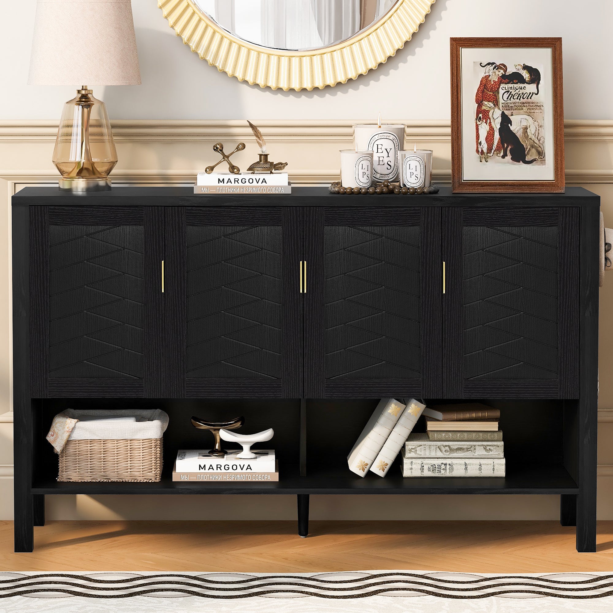 U_STYLE 55.1''Storage Sideboard with 4-Doors,Multi Functional Buffet with Open Shelf and 2-Tiers Adjustable Shelves,Modern Cabinet with Double Hooks,Suitable for Living Room, Hallway, Dining,Office.