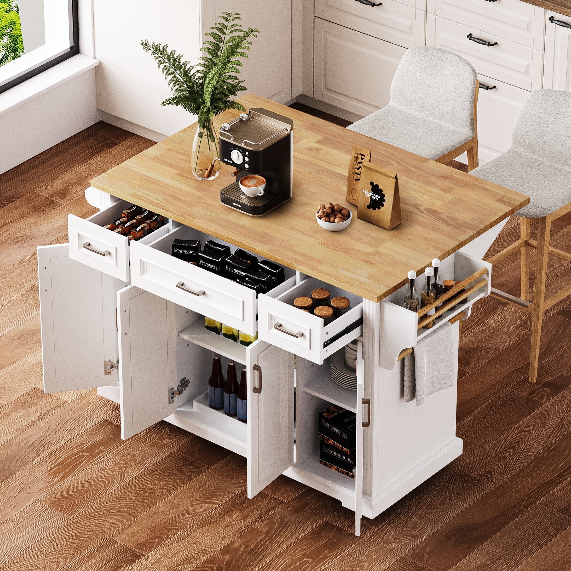 K&K 54inch Large Kitchen Island with Rubber Wood Drop Leaf, Embossed Texture Rolling Kitchen Cart on 4 Wheels with 4 Doors and 3 Drawers, Kitchen Island with Storage for Kitchen, Dining Room,White