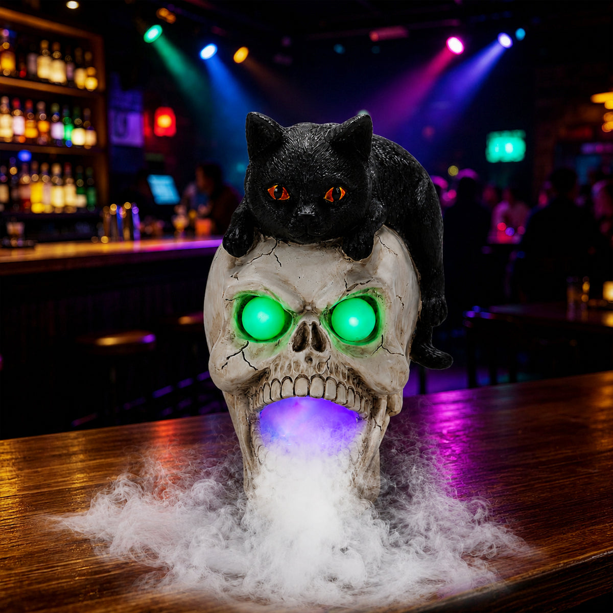 Halloween Black Cat Skull Statue with LED Light, Fog Smoke Effect Resin Decor