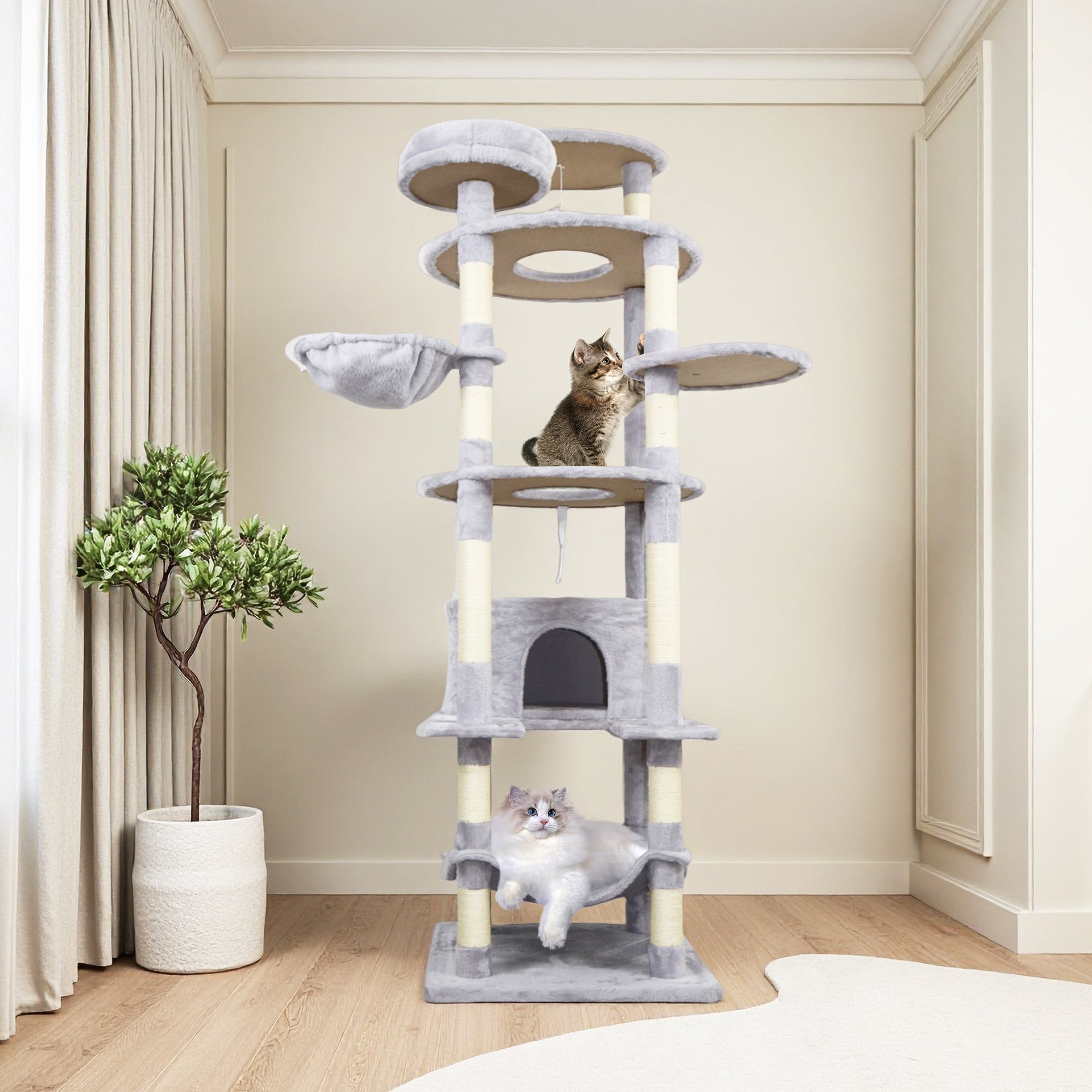 78.8 in Light Gray Cat Tree Tower with Wide Base, Large Condo, 12 Sisal Scratching Post, Big Hammock, Large Top Platform, Many landing Perch and Interactive toy