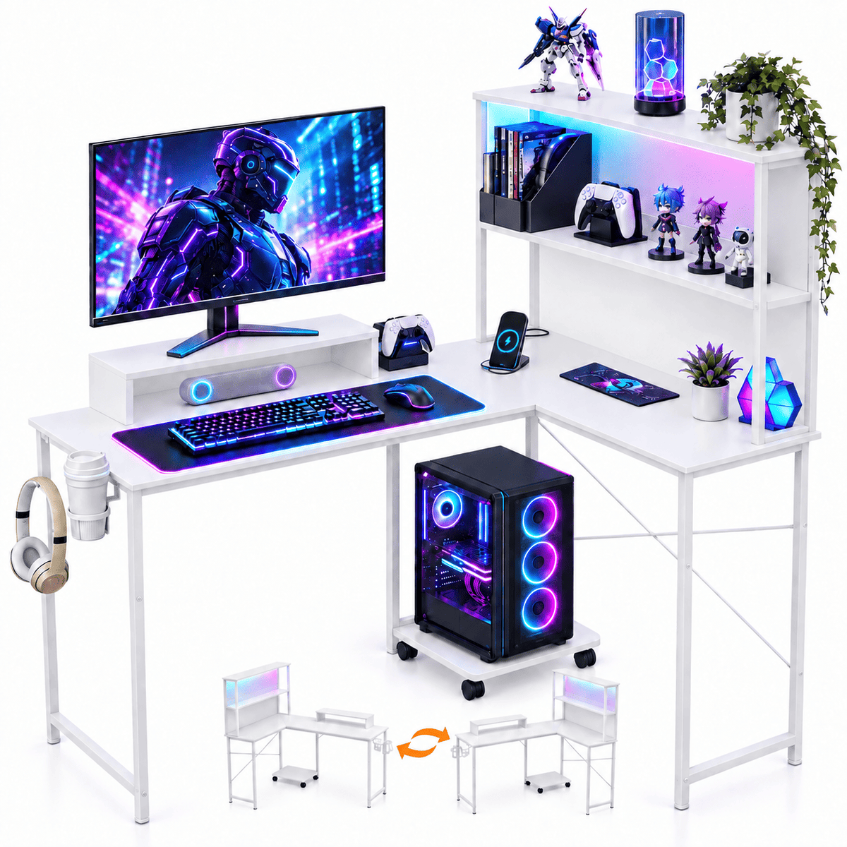 A white L-shaped gaming desk setup shown on a clean white background, with a computer monitor, keyboard, mouse, headset, shelving, plants, figurines, and a PC tower. The desk includes built-in cup holders and a wheeled base under the PC.