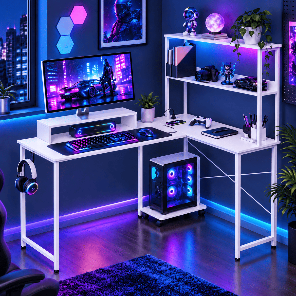 A modern white L-shaped gaming desk setup in a dark room with blue and purple ambient lighting. The desk includes a desktop monitor, keyboard, mouse, headset hanging on the left leg, a small RGB PC tower under the shelf, shelving with figurines and decor, and a computer mouse on top.