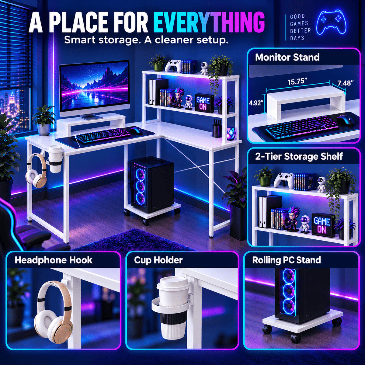 A white L-shaped gaming desk setup with built-in shelves, LED under-desk lighting, monitor stand, headphone hook, cup holder, and rolling PC stand, shown in a styled room scene with inset callouts explaining included features.