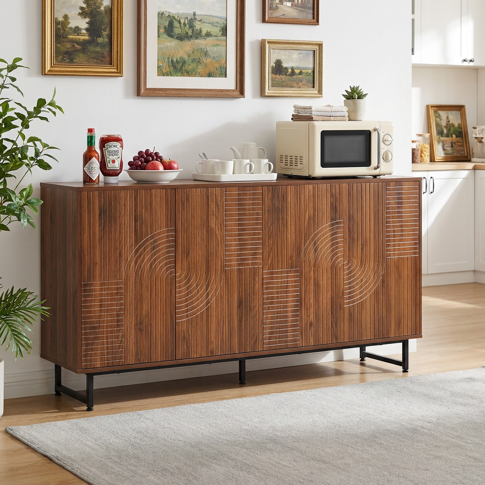 Mid-Century Modern Walnut Sideboard Buffet Cabinet, 59*16*33 inches Geometric Carved Storage Cabinet with Metal Legs, Multi-Purpose Credenza for Living Room, Dining Room, Entryway