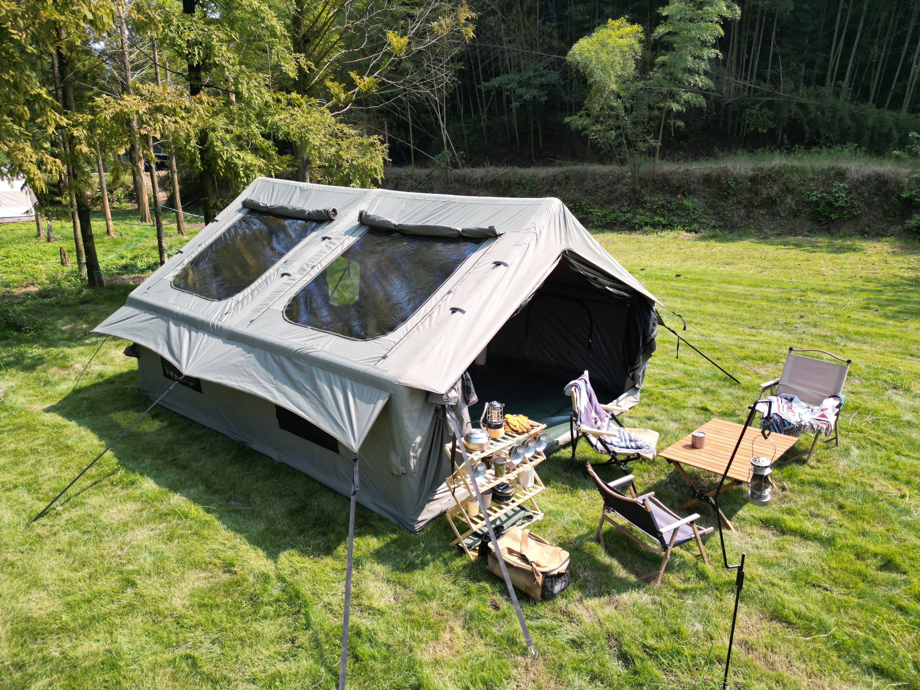 9.8 x13ft Inflatable Camping Tents with Hand Pump, Air Glamping Tents, Easy Setup Waterproof and Windproof Blow up Tent, 4 Seasons Oxford Cabin Tent with Mesh & Chimney Window. Army green
