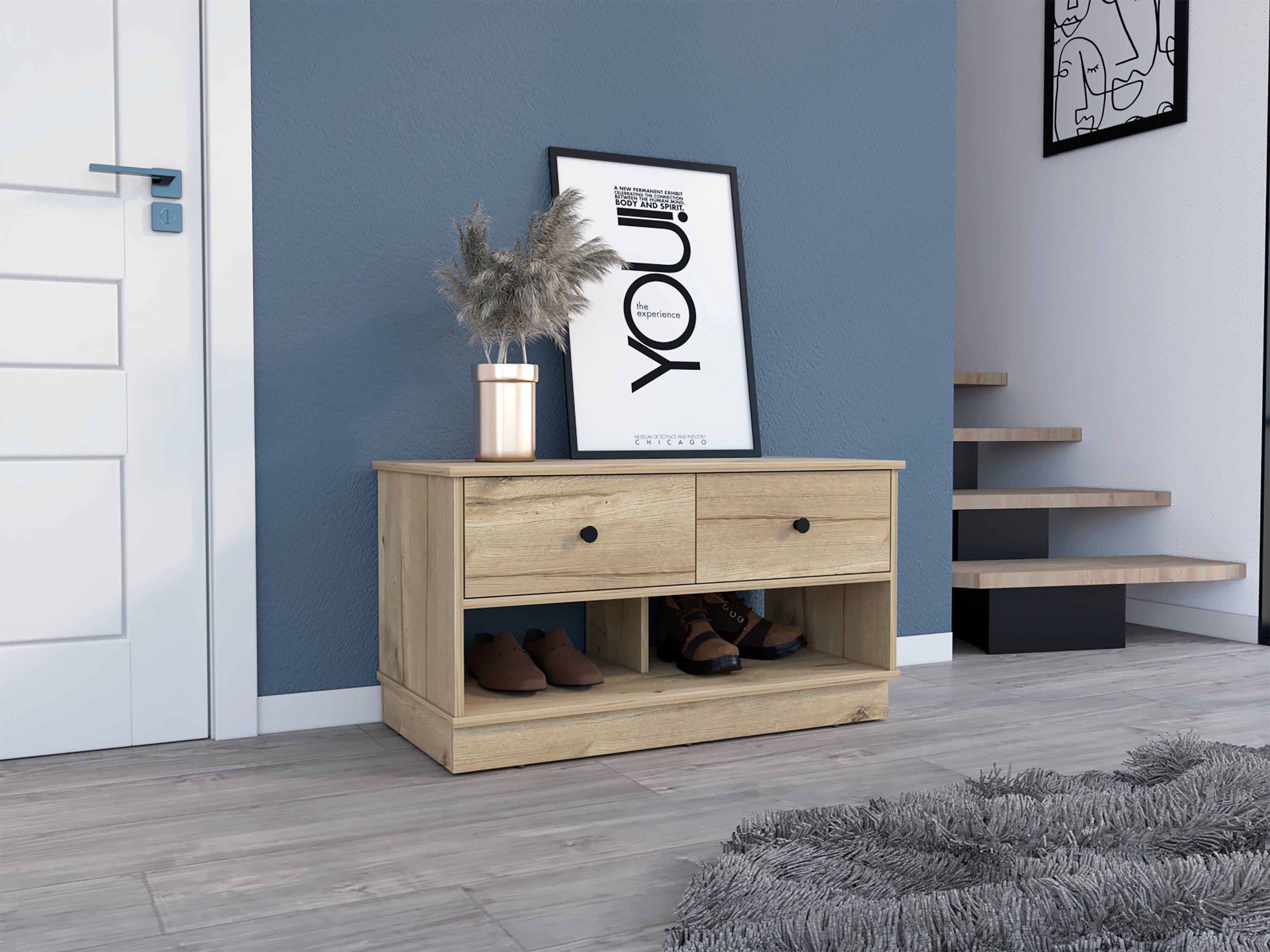 Tulip Storage Bench, Two Drawers, Two Shelves