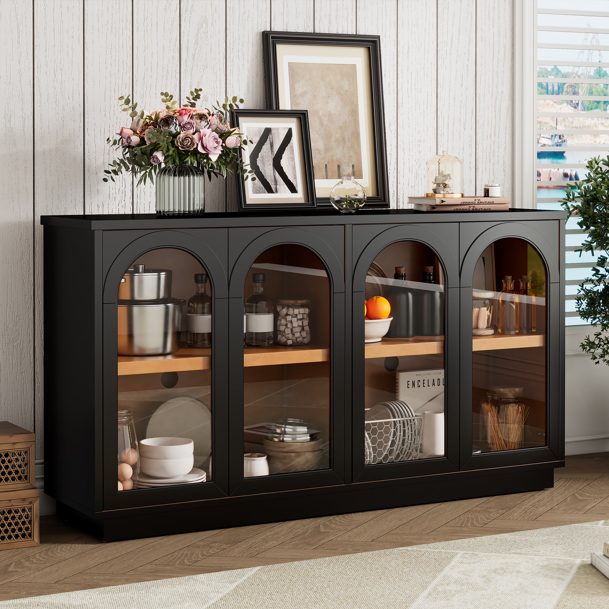 TREXM 4-Door Large Storage Buffet Cabinet with Glass Doors, Arched Cabinet with Adjustable Shelves for Kitchen, Dining Room and Living Room (Black)