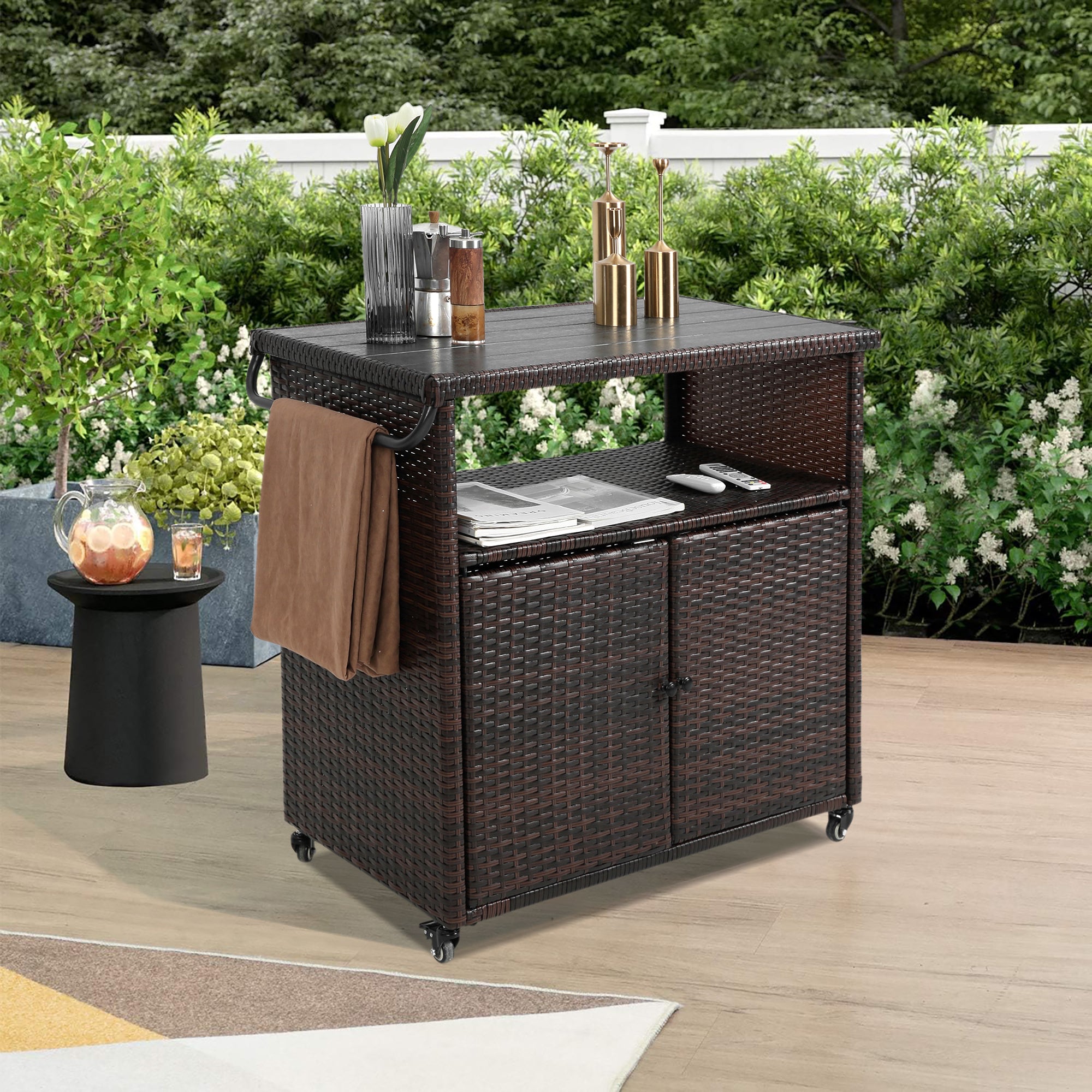 Outdoor Wicker Bar Cart, Patio Wine Serving Cart w/Wheels , Rolling Rattan Beverage Bar Counter Table plastic wood Top for Porch Backyard Garden Poolside Party, Light brown