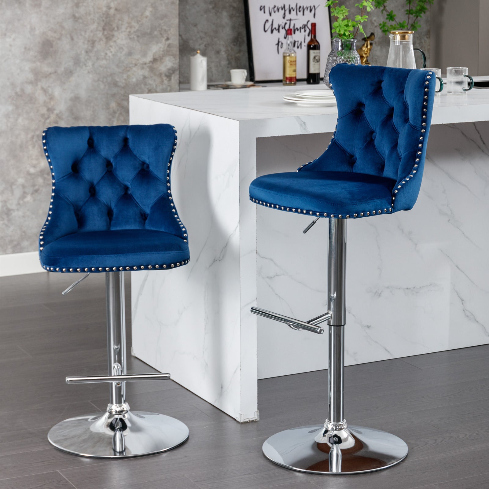 Swivel Velvet Barstools Adjusatble Seat Height from 25-33 Inch, Chrome base Bar Stools with Backs Comfortable Tufted for Home Pub and Kitchen Island,Set of 2,AS1712BL,Blue
