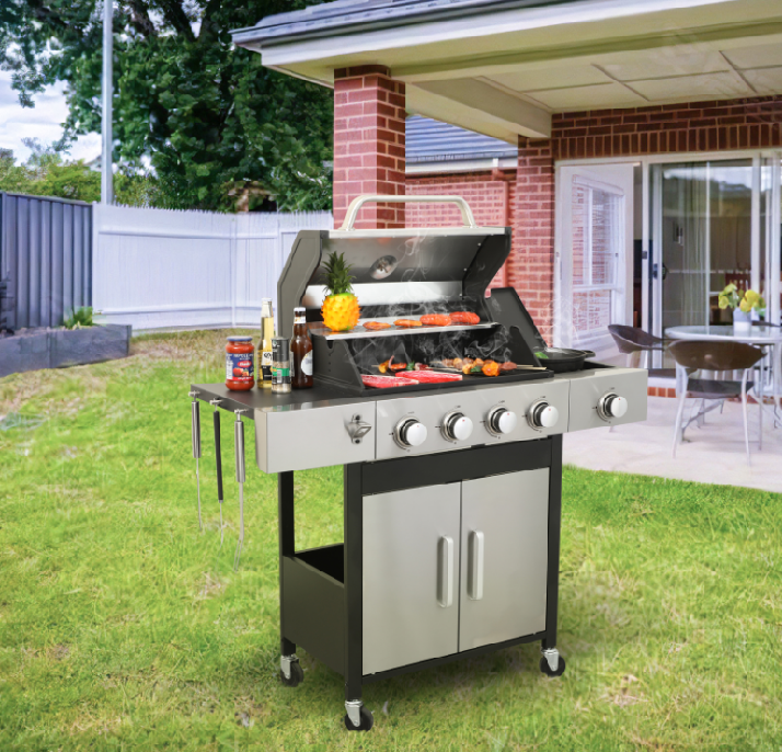 4-Burner Propane Gas BBQ Grill with Side Burner, 46790BTU Output With Enameled Cast Iron Cooking Grids For Outdoor Barbecue, Stainless Steel