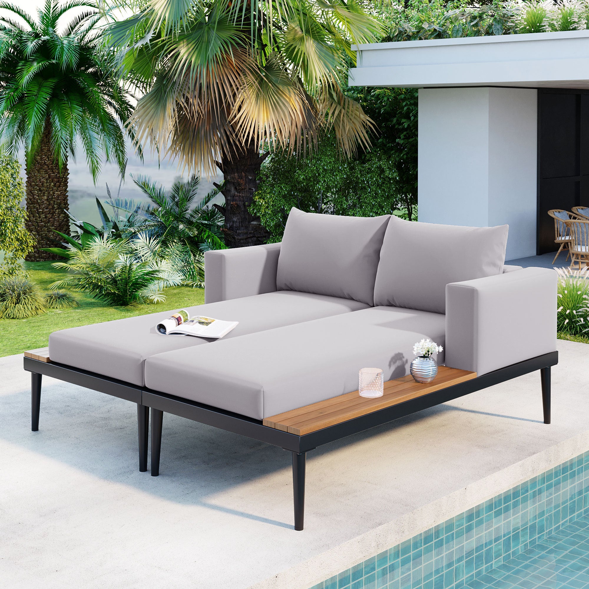 TOPMAX Modern Outdoor Daybed Patio Metal Daybed with Wood Topped Side Spaces for Drinks, 2 in 1 Padded Chaise Lounges for Poolside, Balcony, Deck, Gray