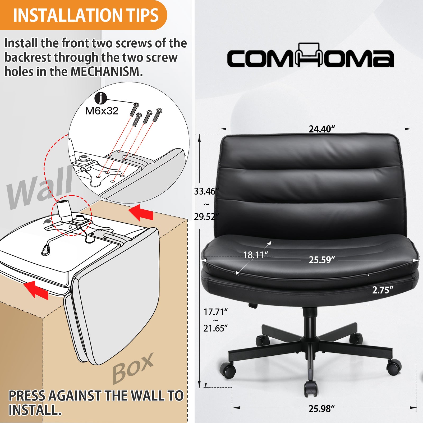 COMHOMA Armless Office Desk Chair with Wheels, PU Leather Padded Cross Legged Office Chair,WMT-CH310