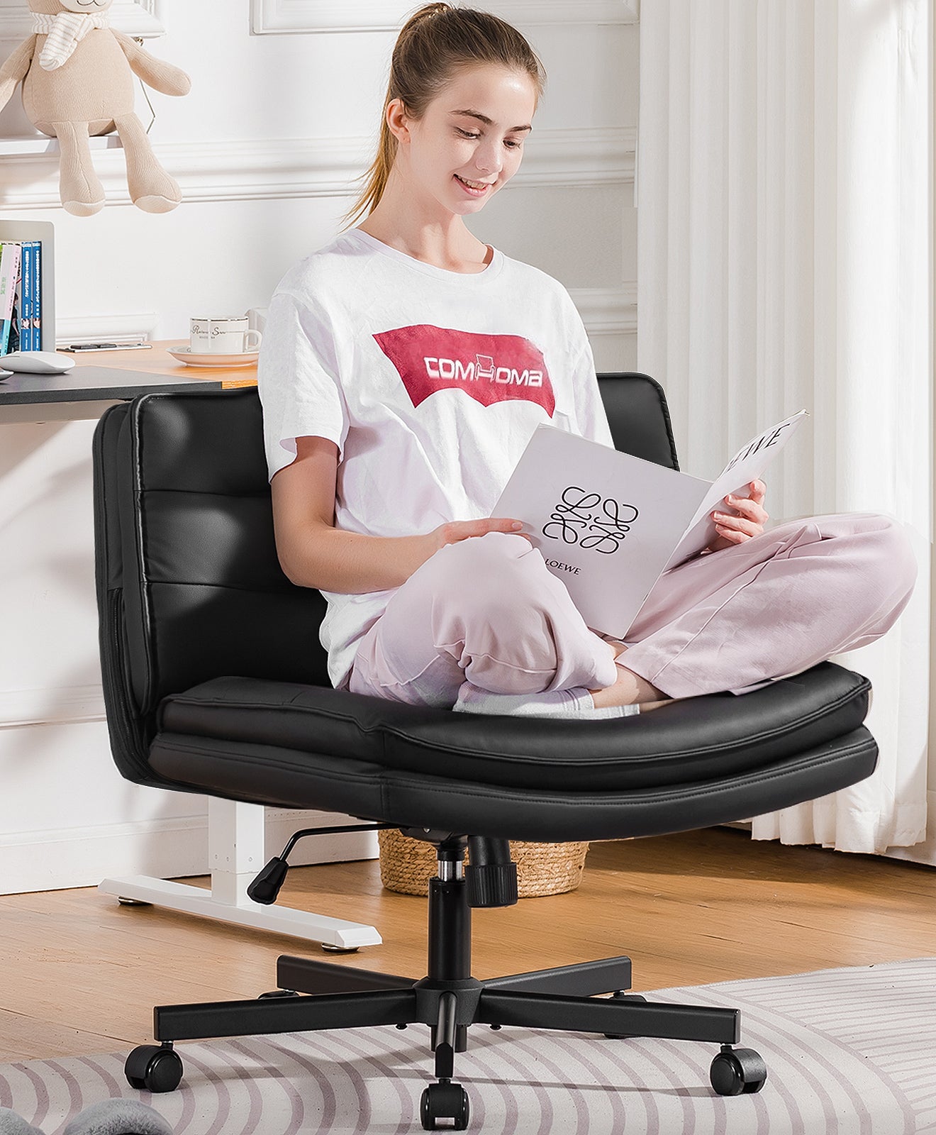 COMHOMA Armless Office Desk Chair with Wheels, PU Leather Padded Cross Legged Office Chair,WMT-CH310