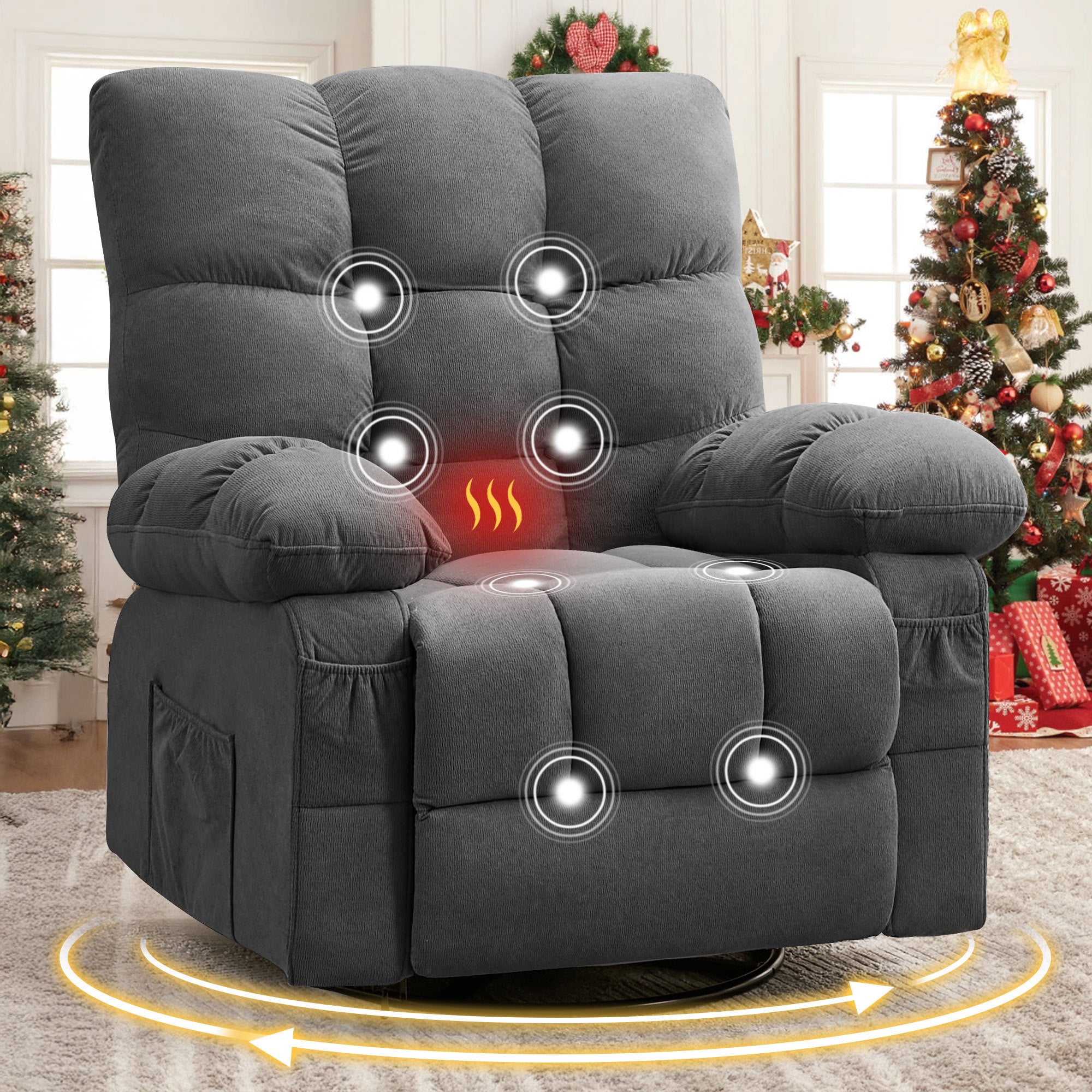 Massage Swivel Recliner Chair with Vibration Massage and Lumbar Heating for Adults,350LBS Oversized Rocker Recliner Single Sofa with Side Pocket and USB Charge Port for Living Room