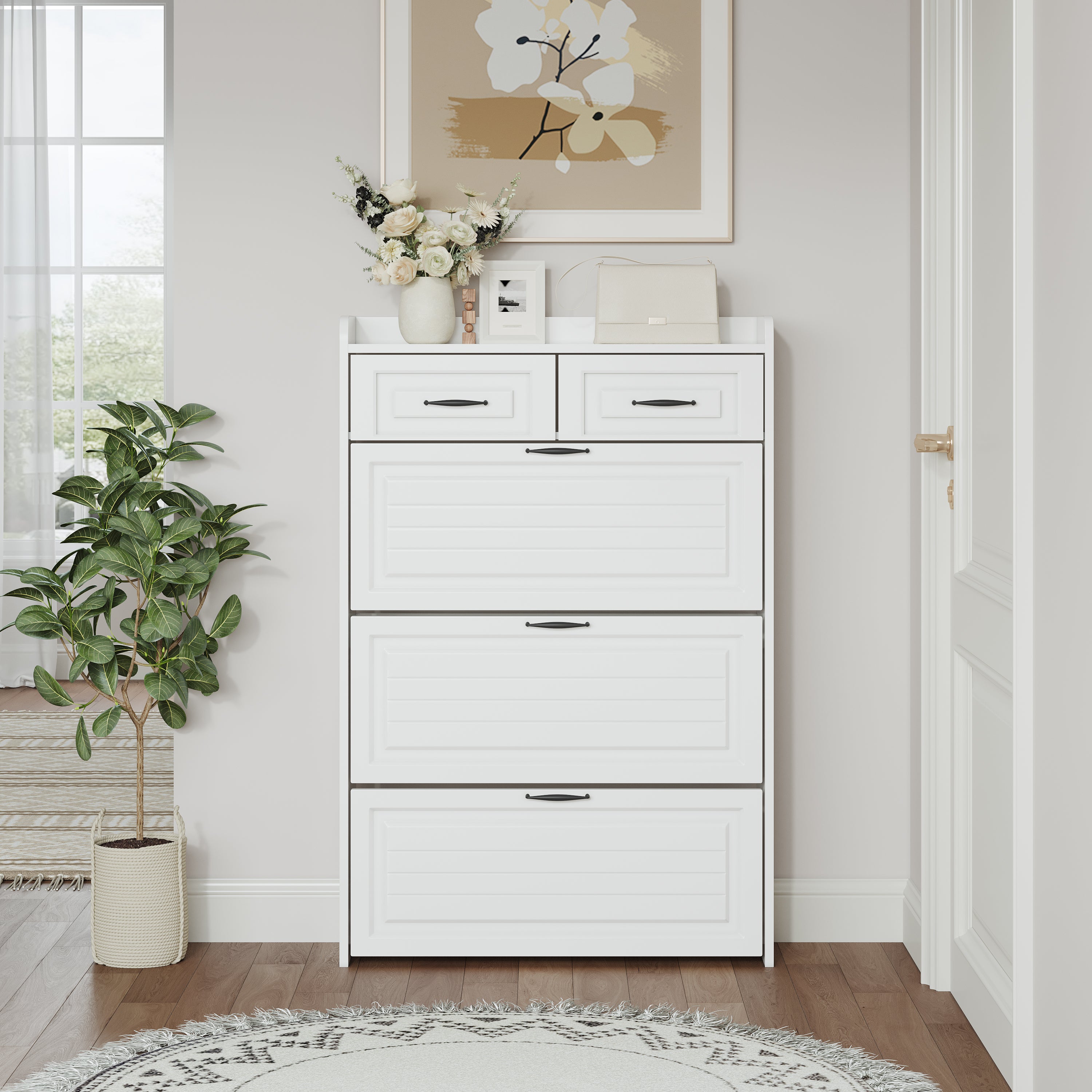 1250 White color shoe cabinet with 3 doors 2 drawers,large space for storage