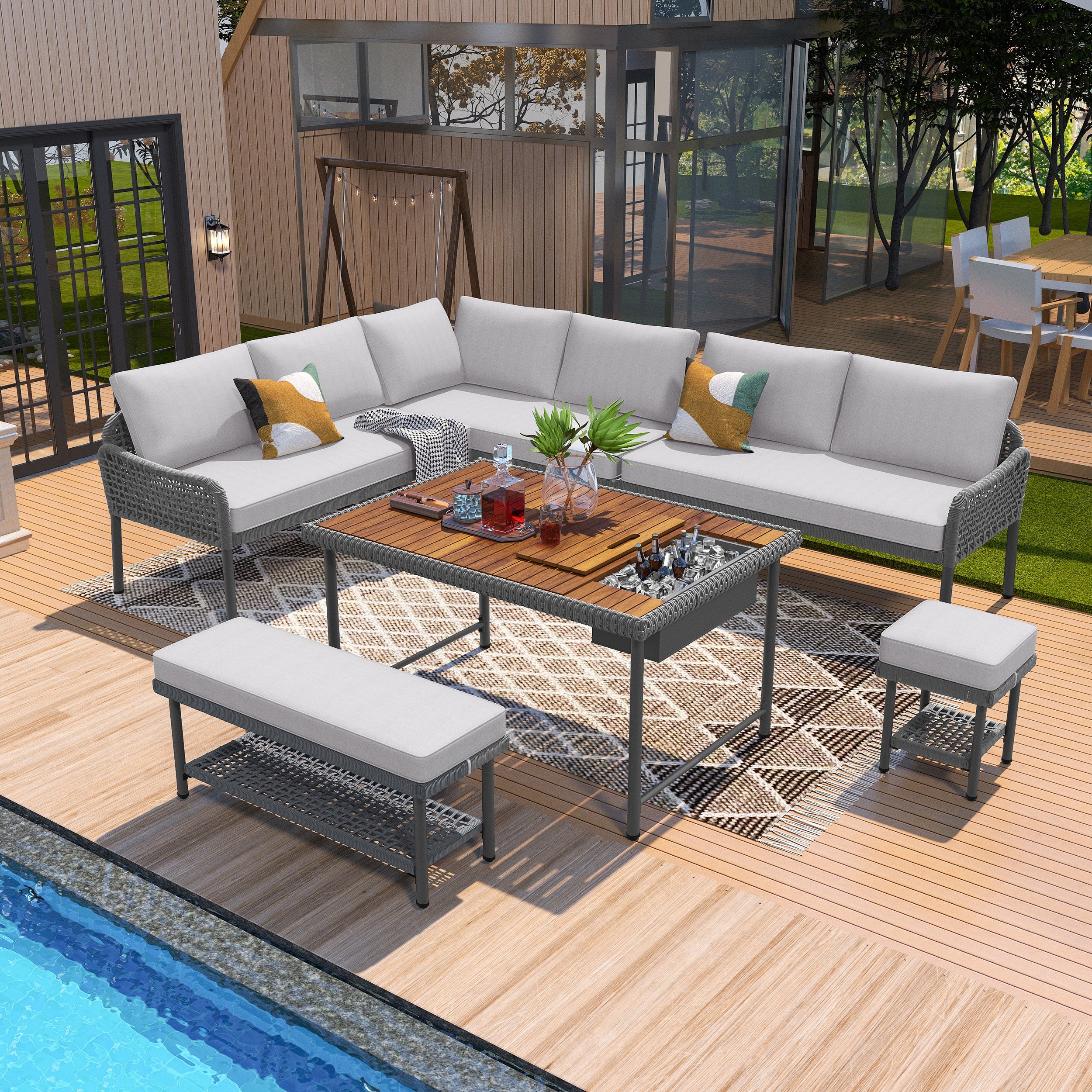 K&K 6-Piece Rope Patio Furniture L-Shaped Set, Outdoor Sectional Sofa Set with Acacia Wood Table with Ice Box, Rope Benches, Rope Conversation Set with Deep Seating & Thick Cushion for Couch,Grey